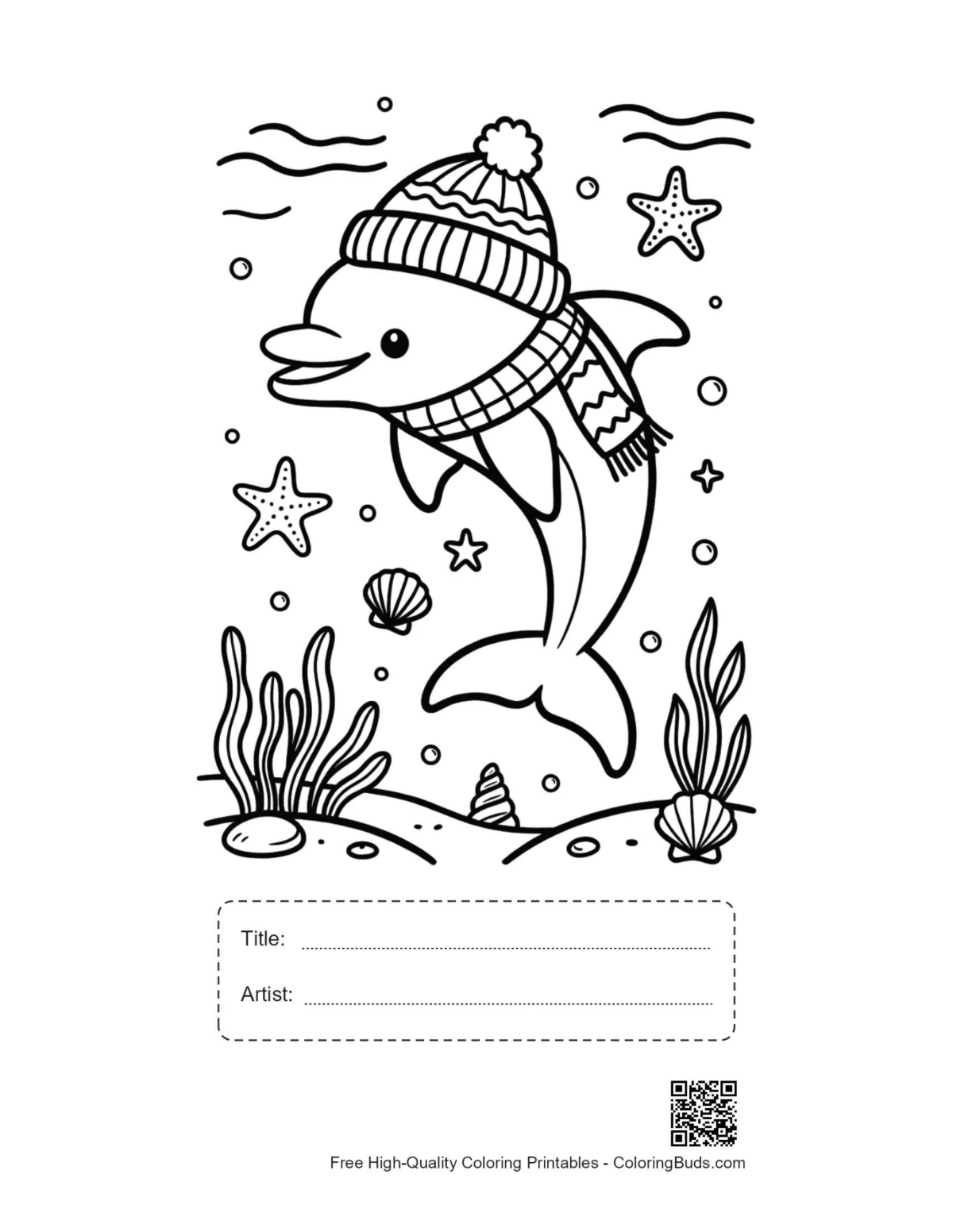 Dolphin sea life kids printable with title artist box