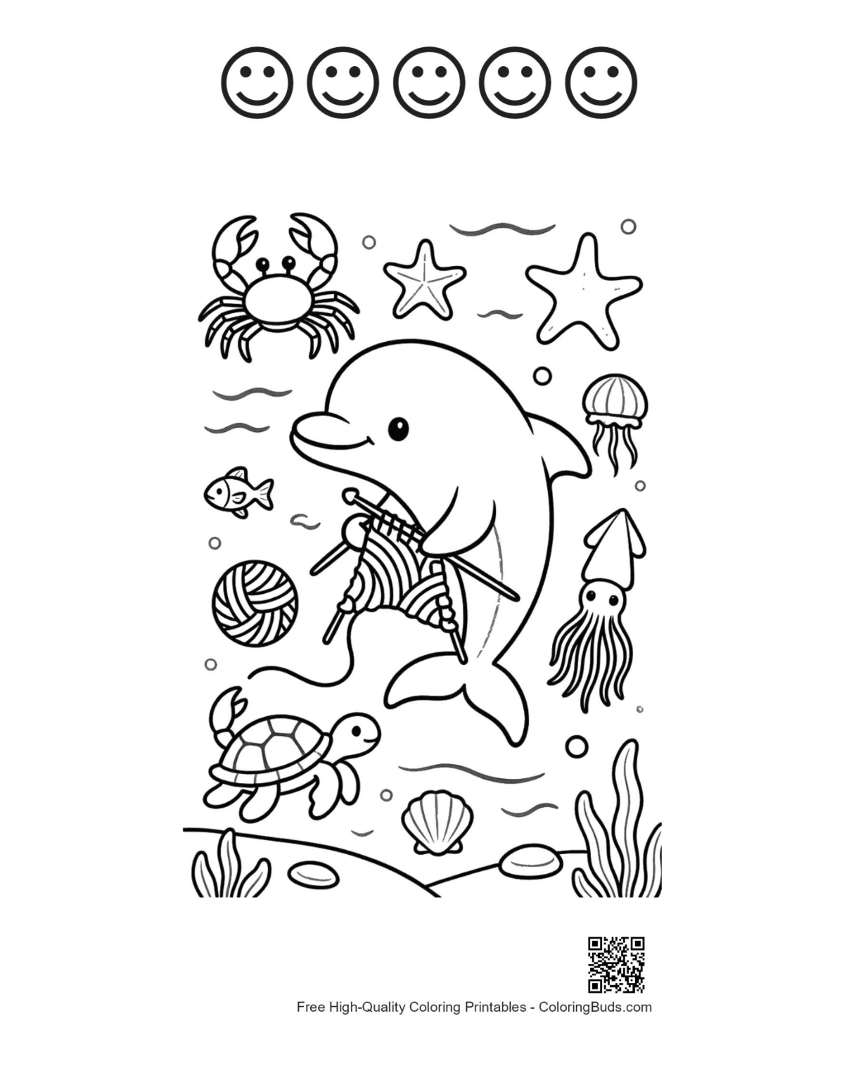 Dolphin sea life printable 5 happy faces outlines