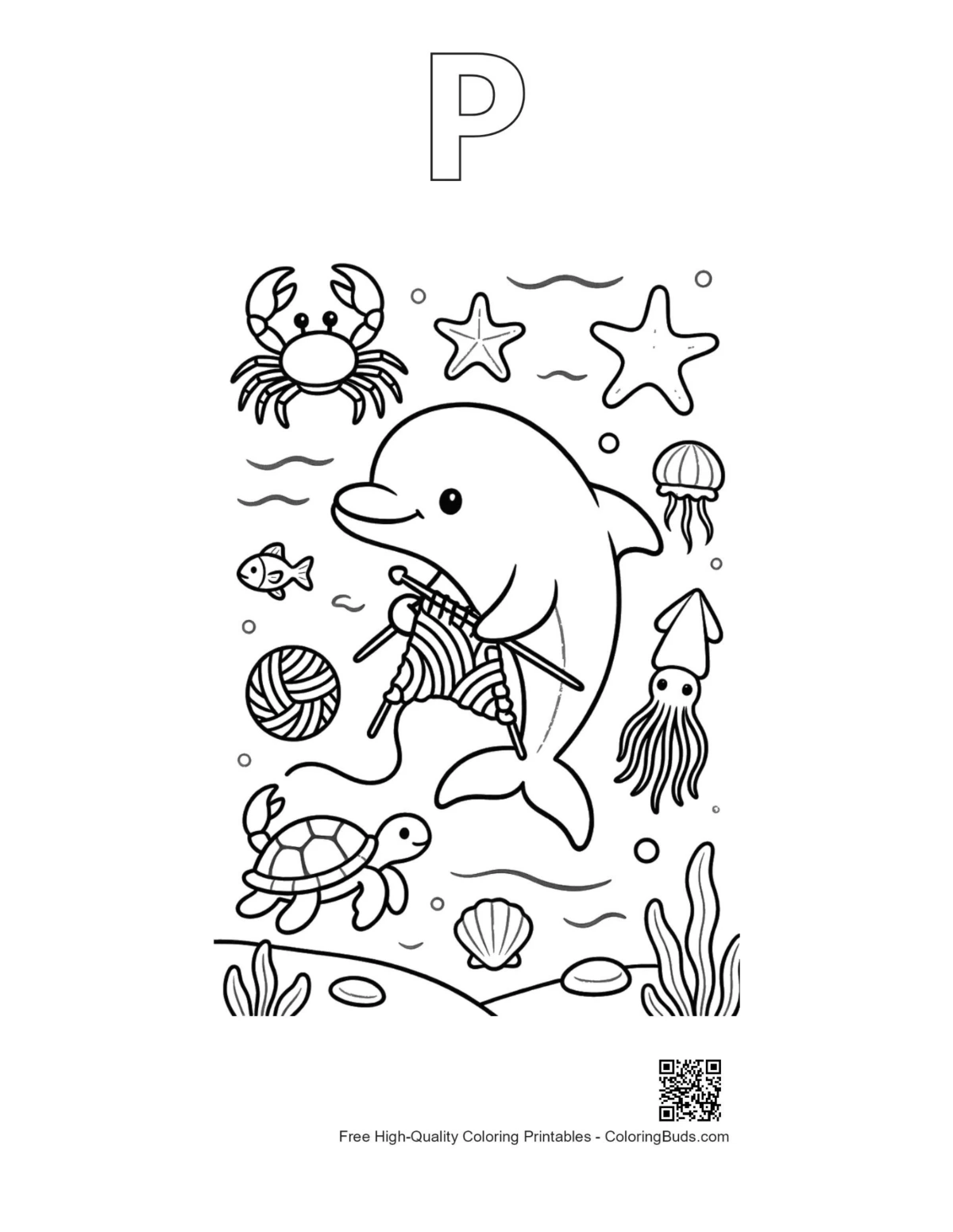 Dolphin outline alphabet P sea life printable