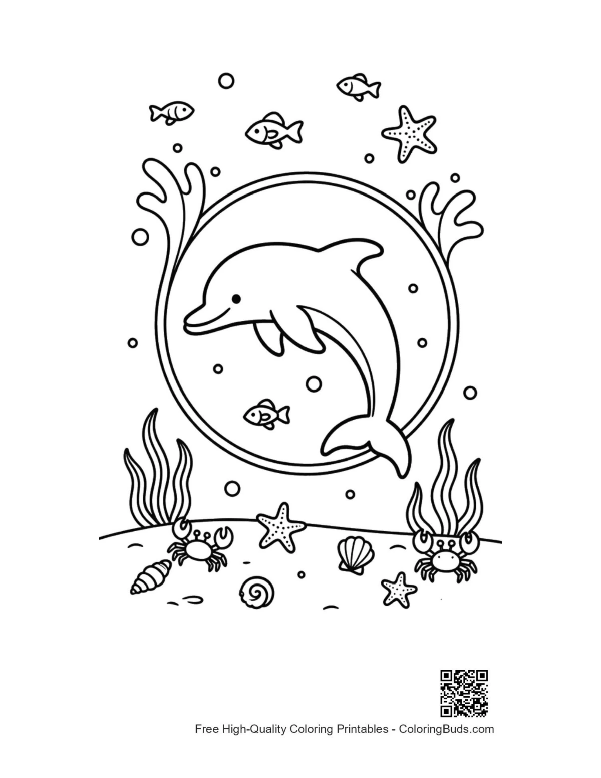 Easy dolphin sea life coloring page printable for kids
