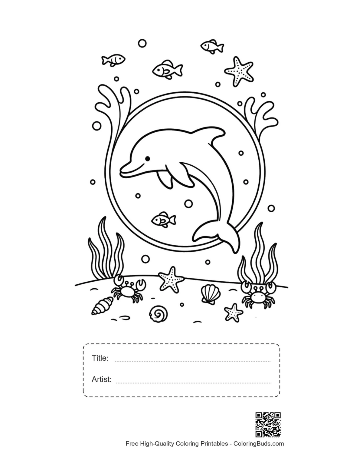Easy dolphin coloring page printable with title artist box