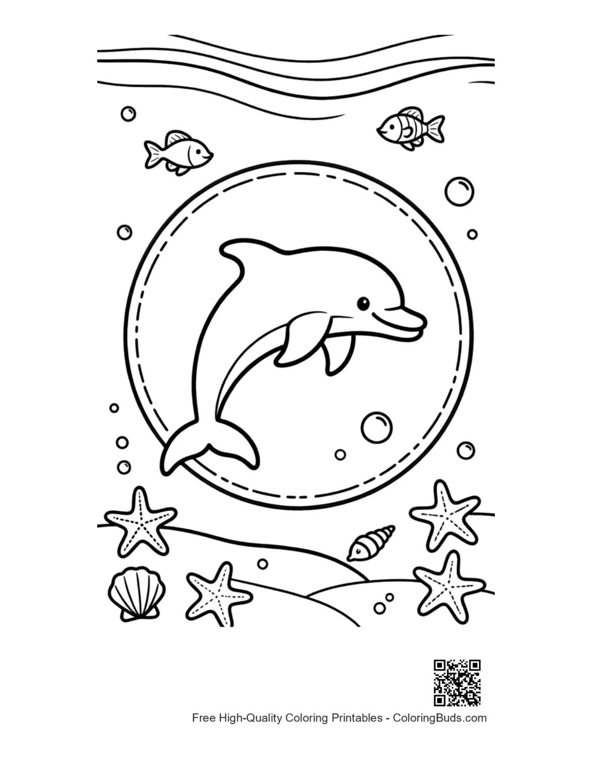 Easy dolphin sea life printable coloring page