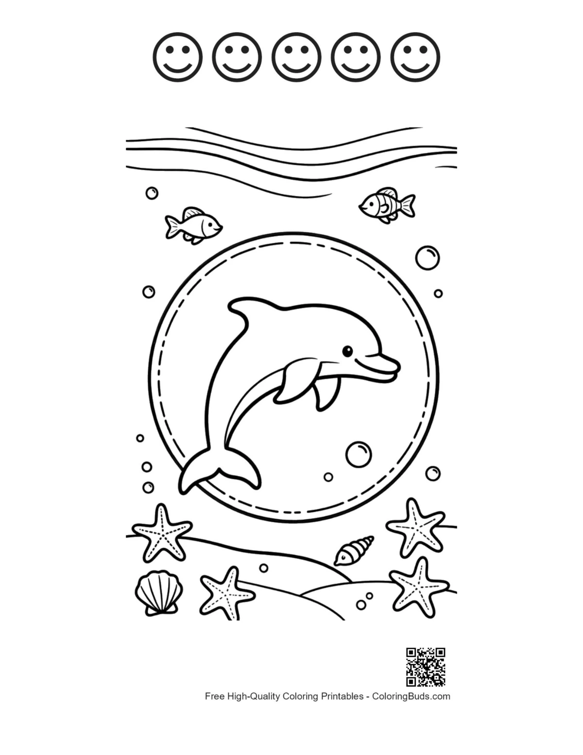 Dolphin sheet with 5 happy faces outline