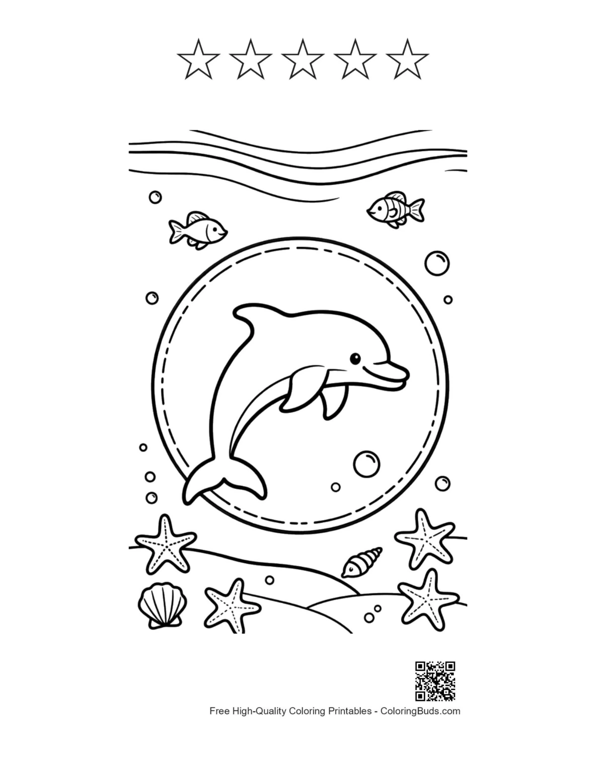 Dolphin printable with 5 star outlines