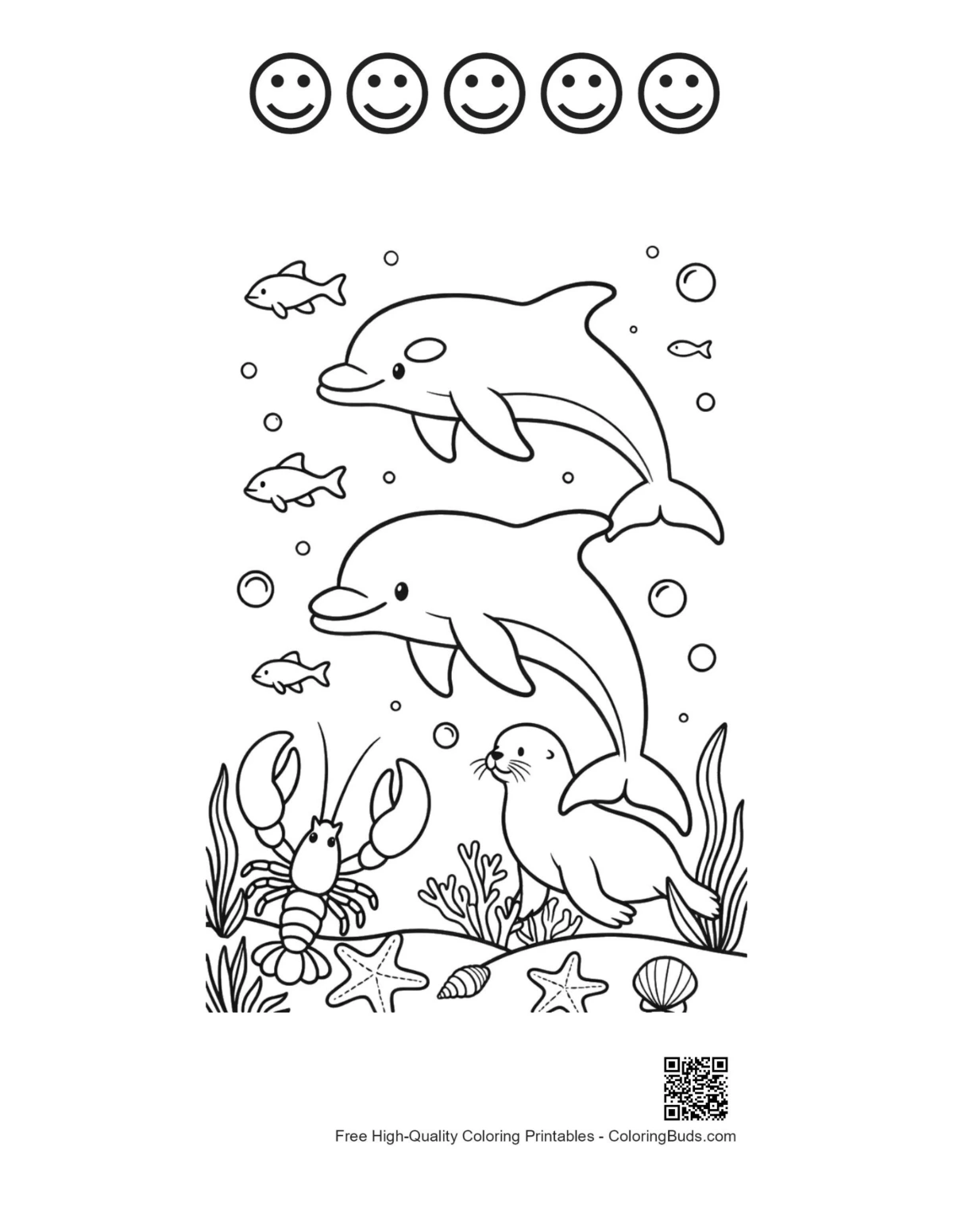 Jumping dolphin with 5 happy face outlines printable