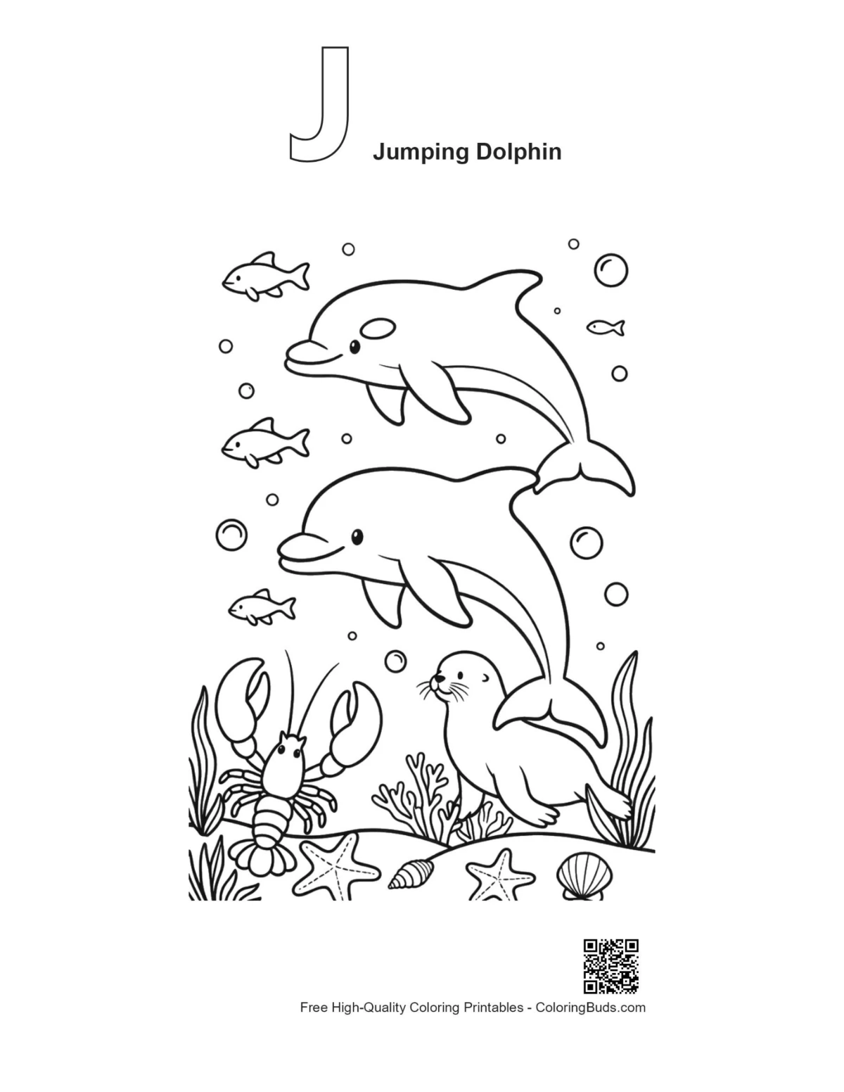 Outline alphabet J jumping dolphin printable for kids