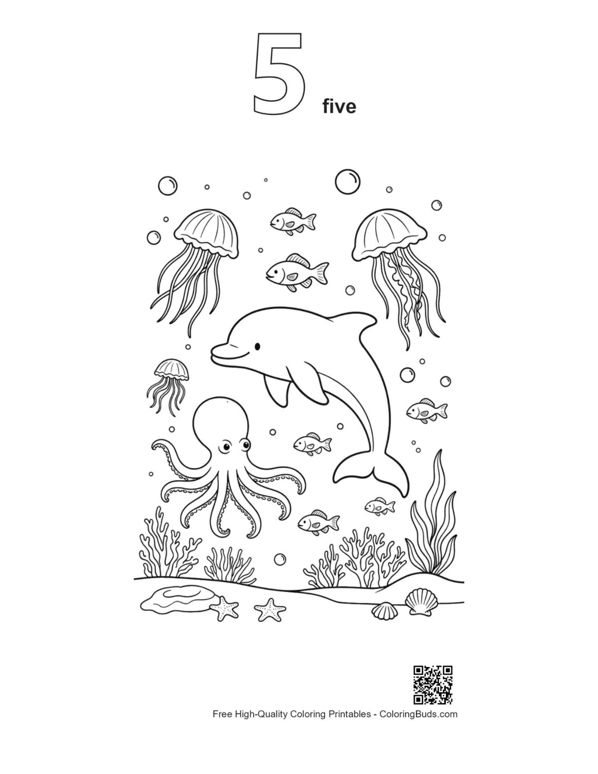 Number 5 jumping dolphin coloring outline printable