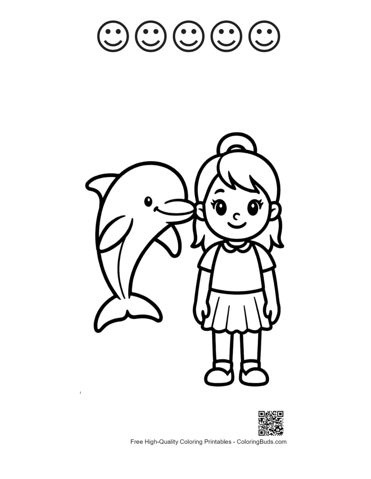 Girl dolphin page with 5 happy faces outline