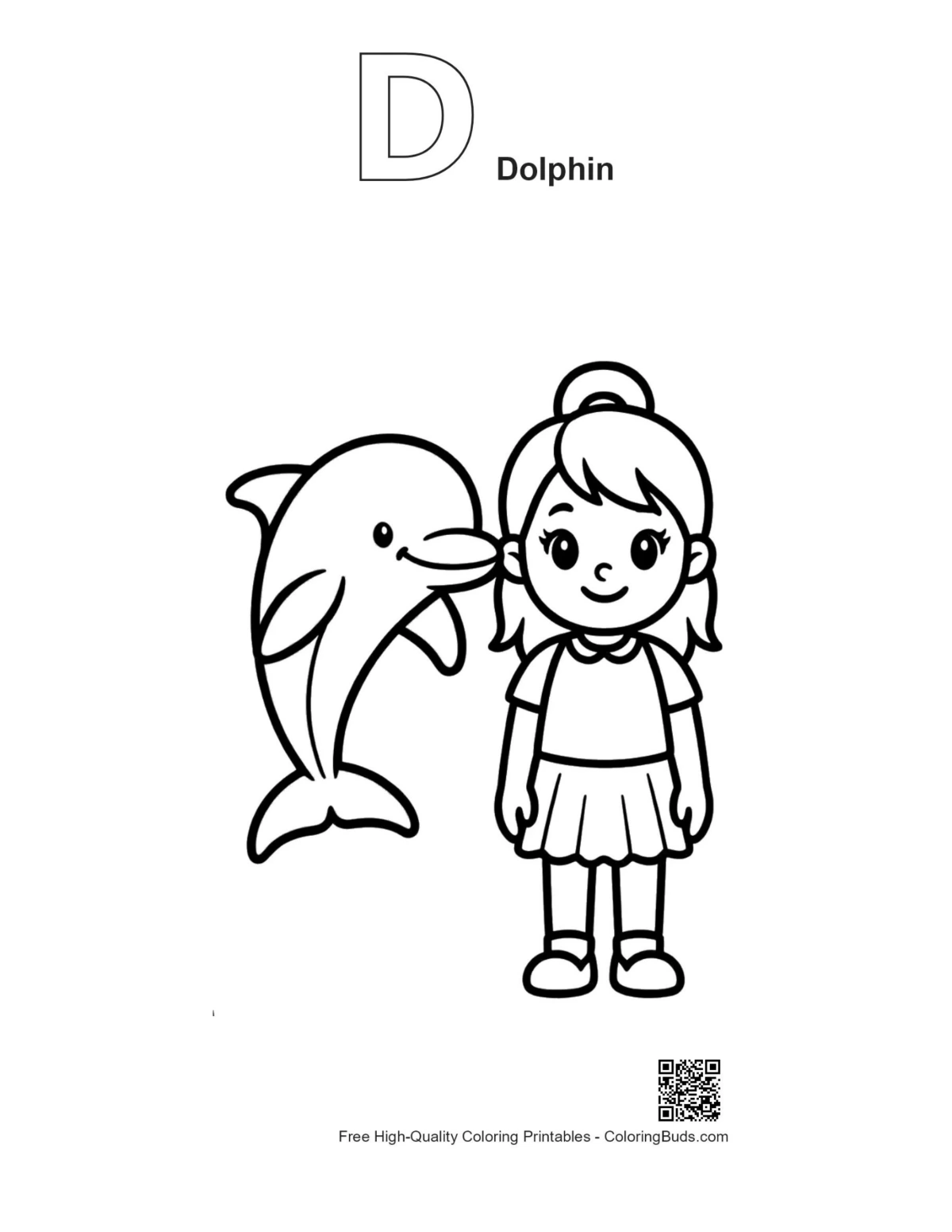 Outline girl dolphin coloring page with alphabet D