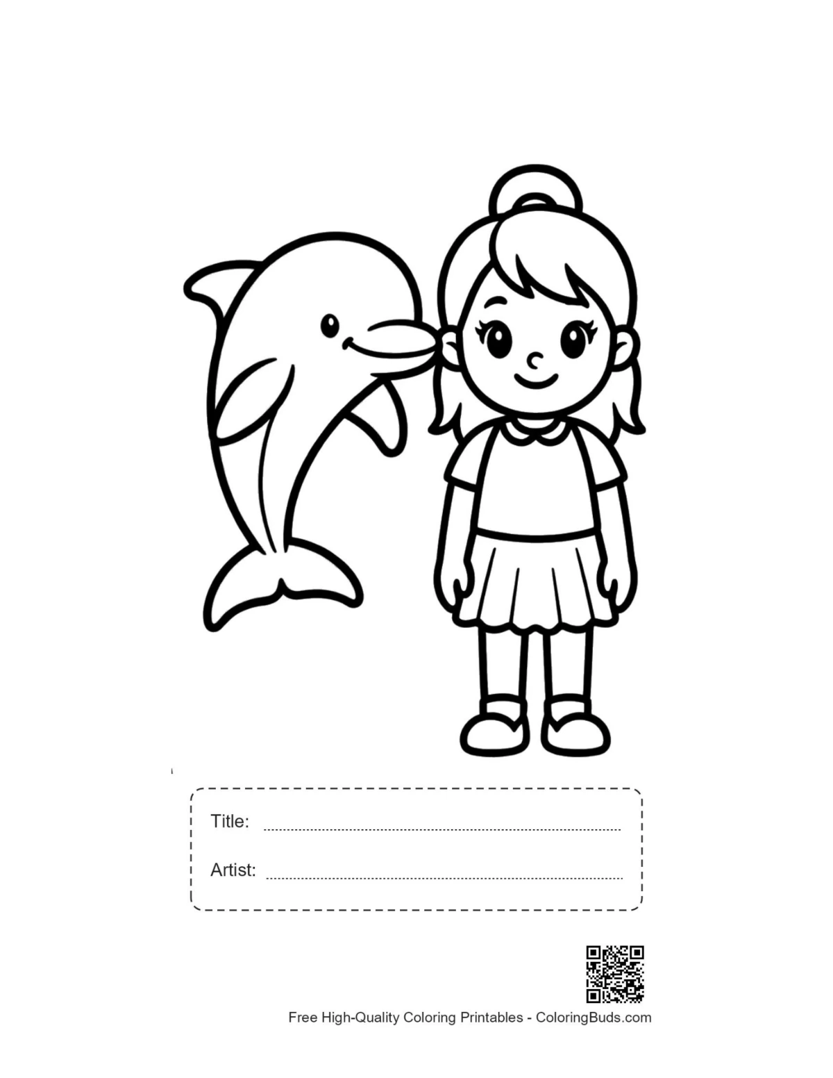Printable girl dolphin coloring page with title box