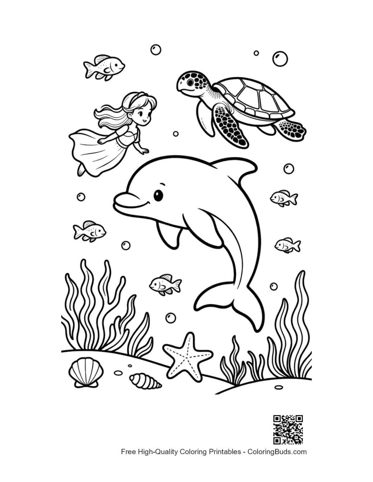 Graceful dolphin leaping over mermaid printable coloring page
