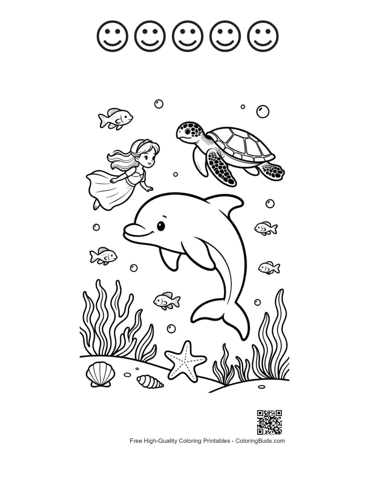 Dolphin over mermaid with 5 happy faces outline printable