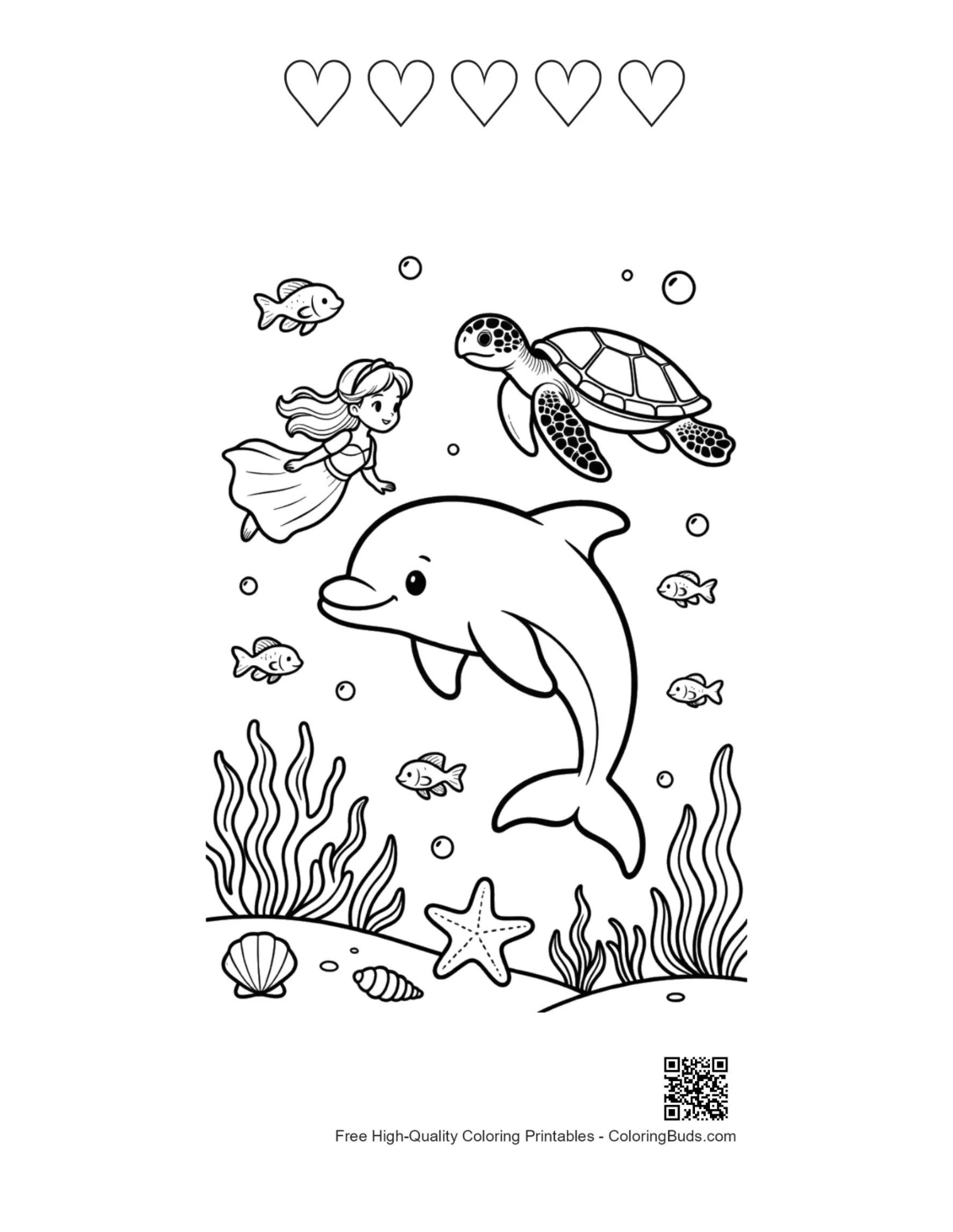 Graceful dolphin mermaid printable 5 hearts outline