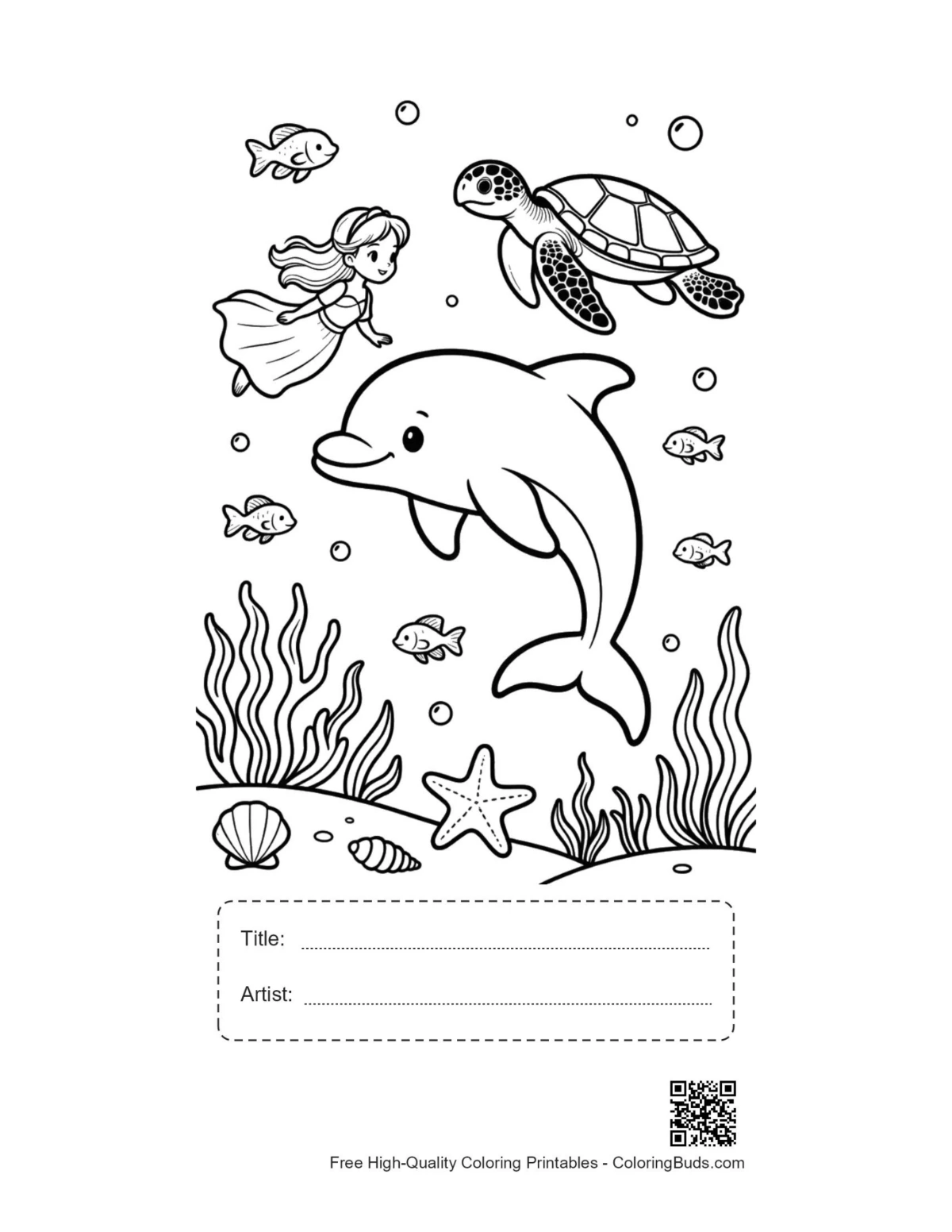 Graceful dolphin over mermaid printable with title box