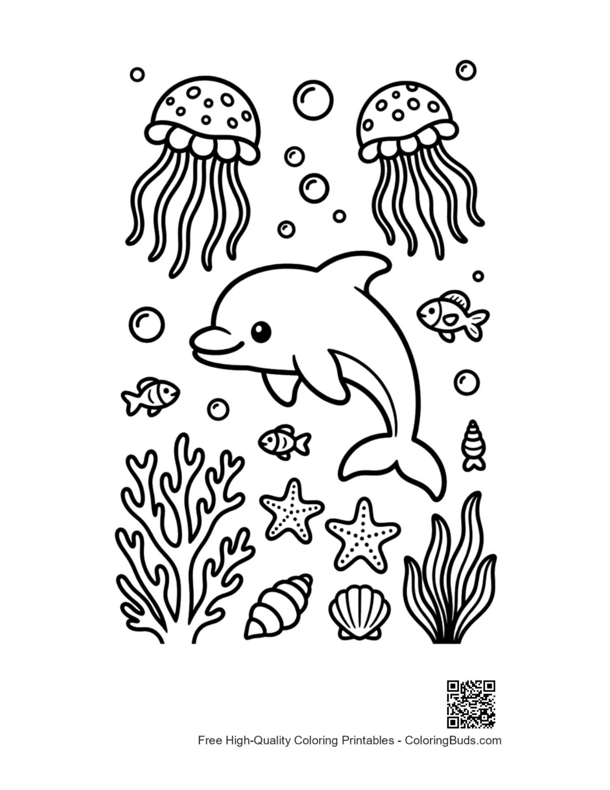 Happy dolphin leaping jellyfish blue sea printable