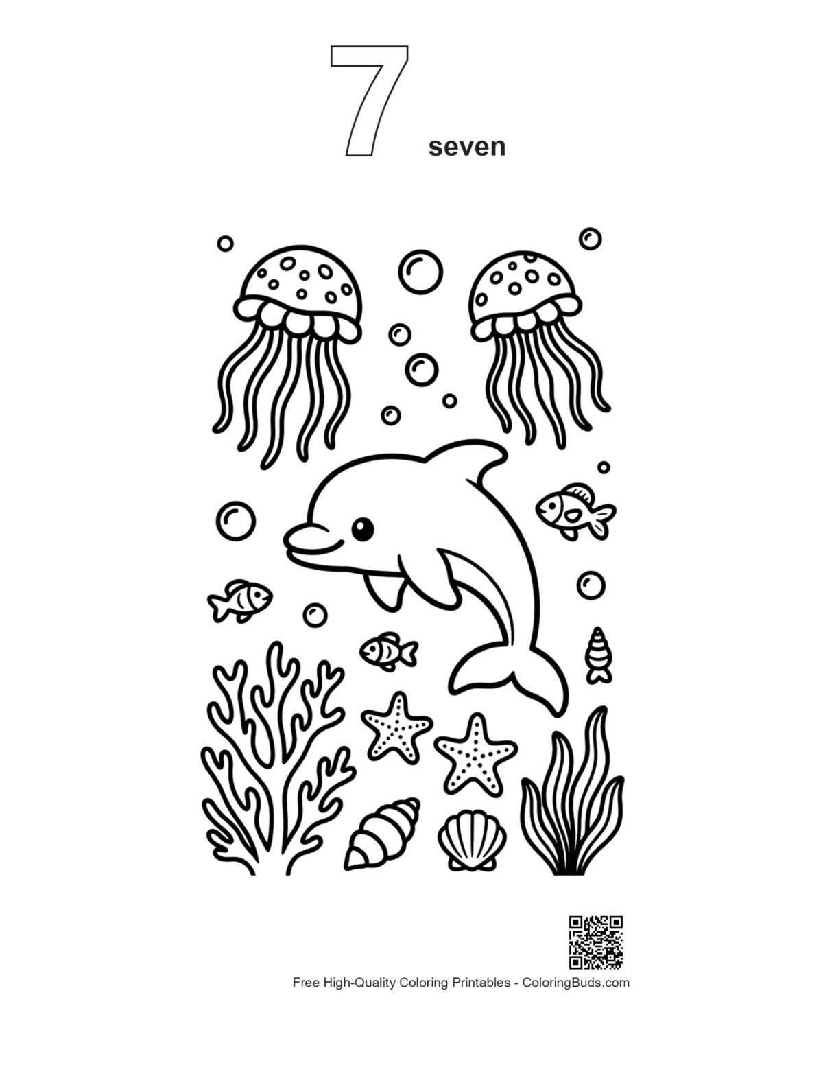 Dolphin leaping jellyfish outline number 7 printable