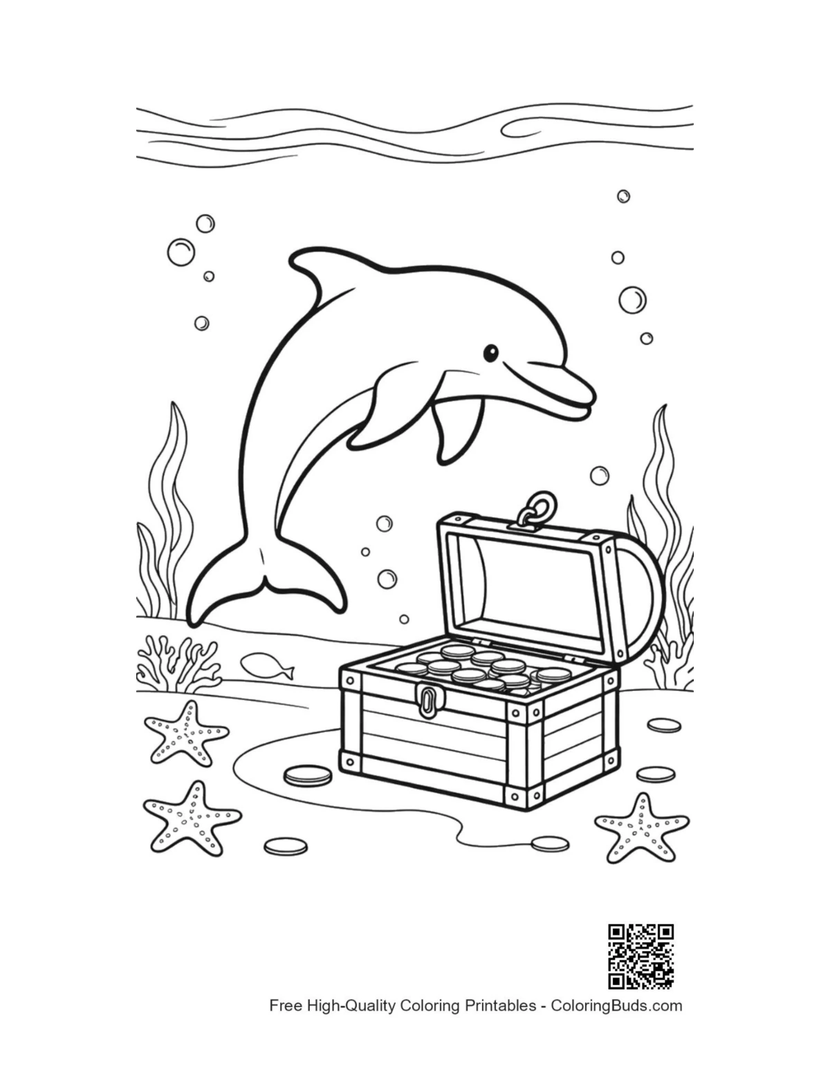 Happy dolphin treasure chest coloring printable