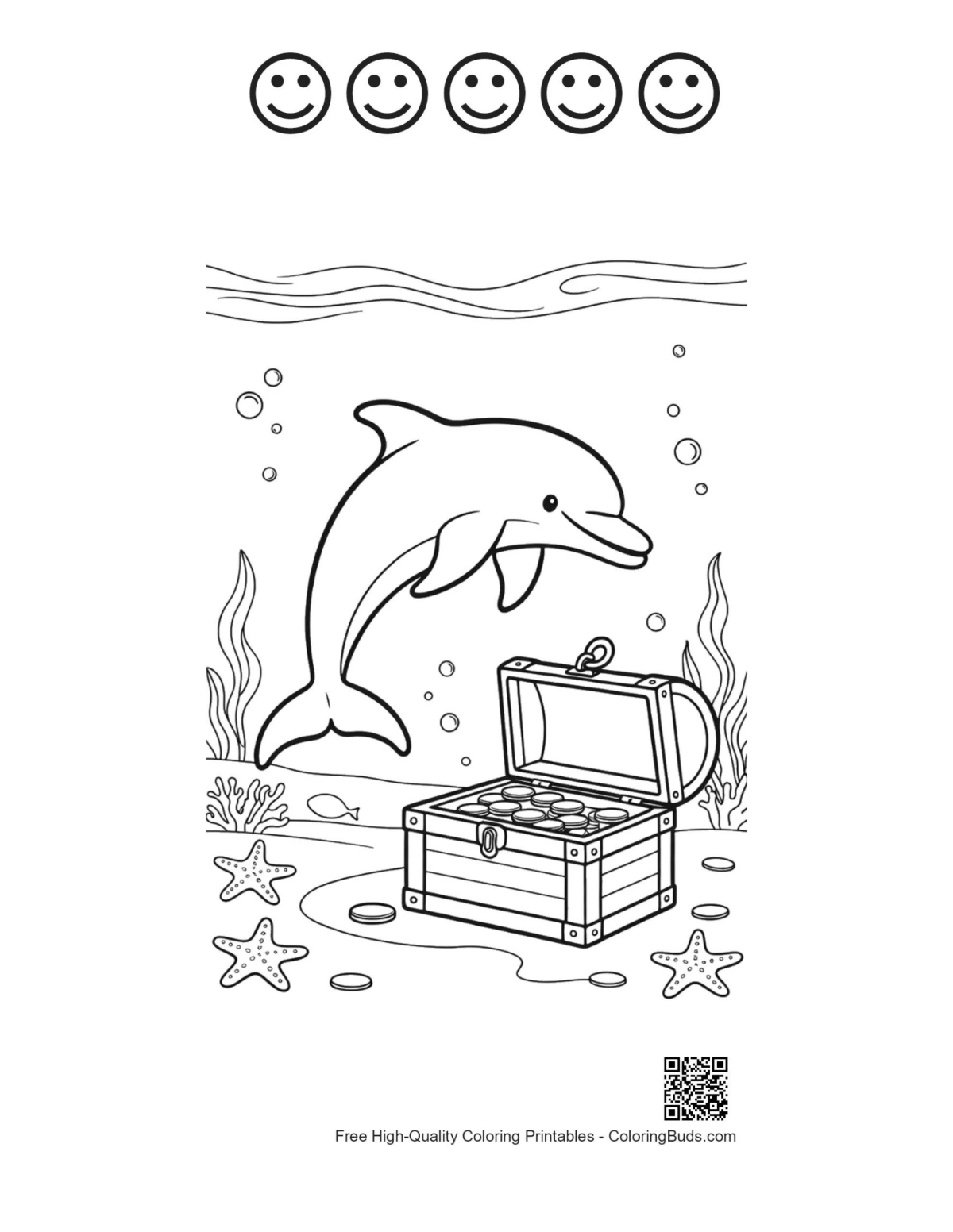 5 happy face outline dolphin treasure printable