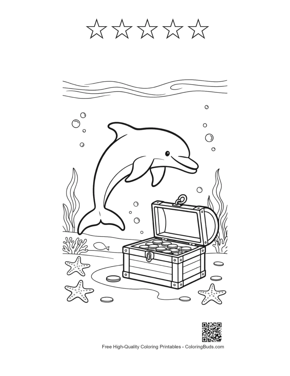 5-star outline happy dolphin treasure chest printable