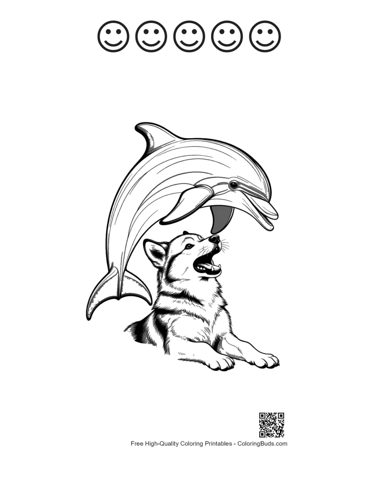 Husky puppy under dolphin with happy faces outline