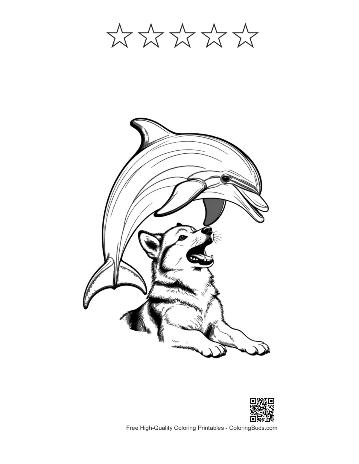 Husky puppy dolphin printable with 5 stars outline