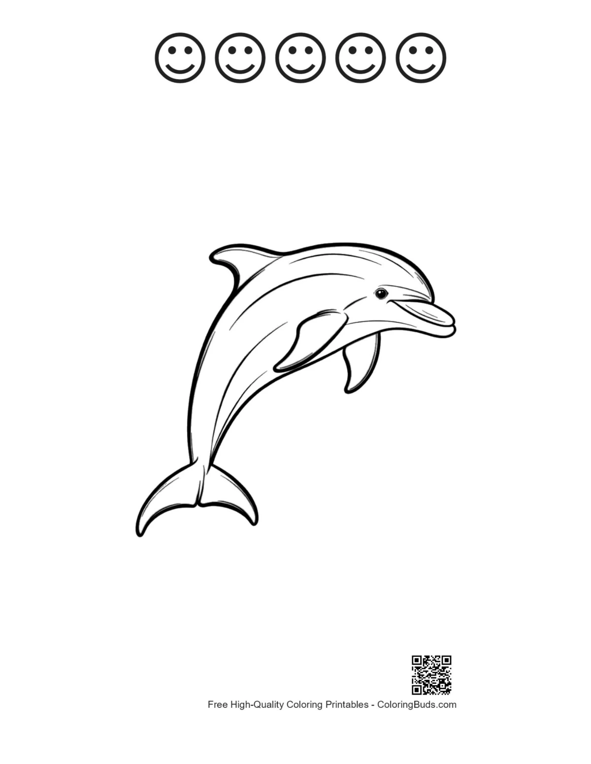 Leaping dolphin and 5 happy faces outline print