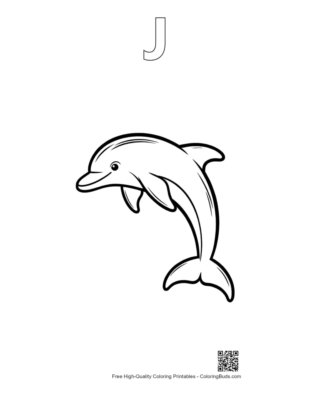Jumping dolphin outline with alphabet J printable coloring