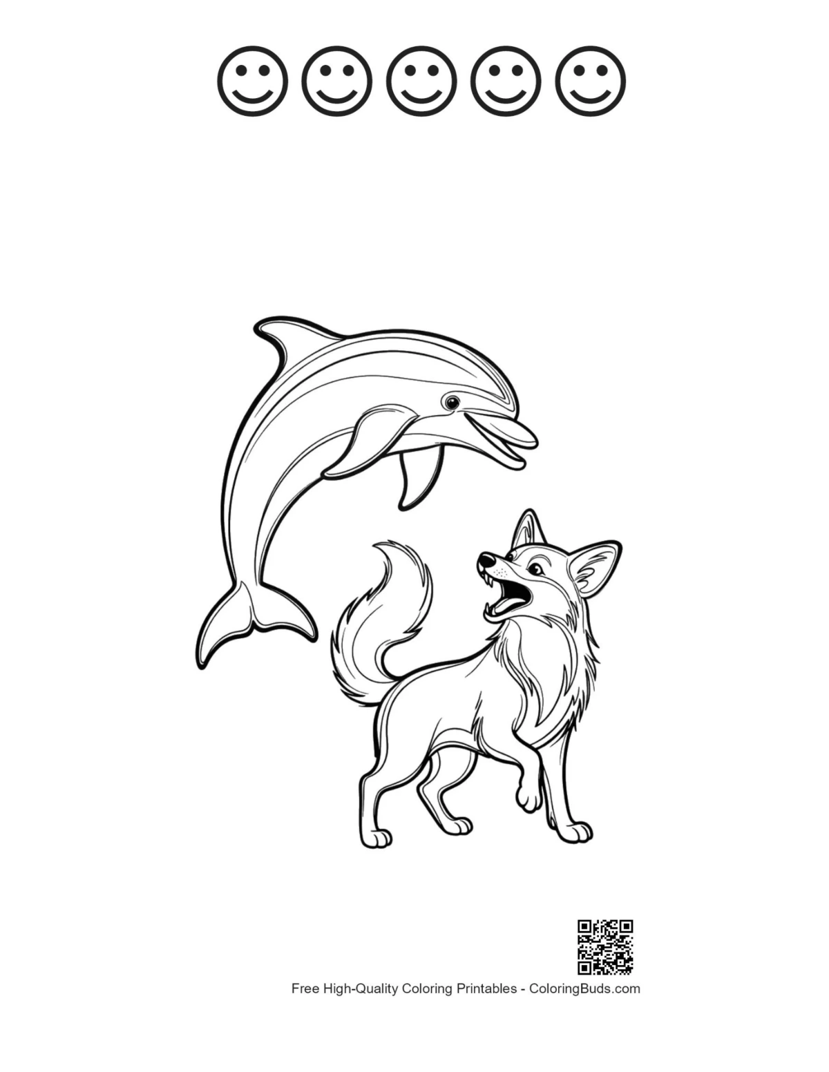 Jumping dolphin fox outline with 5 happy faces