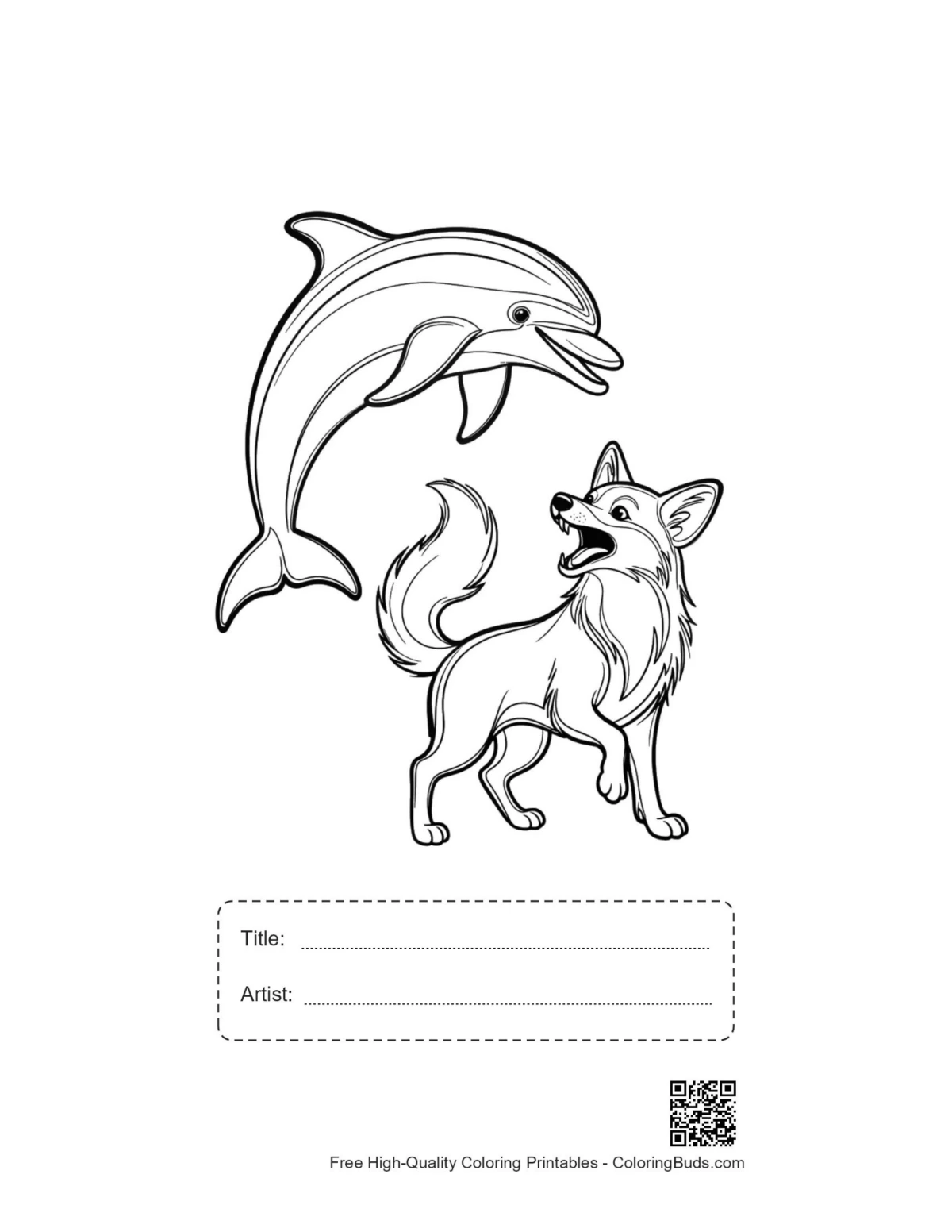 Printable jumping dolphin fox outline with title box