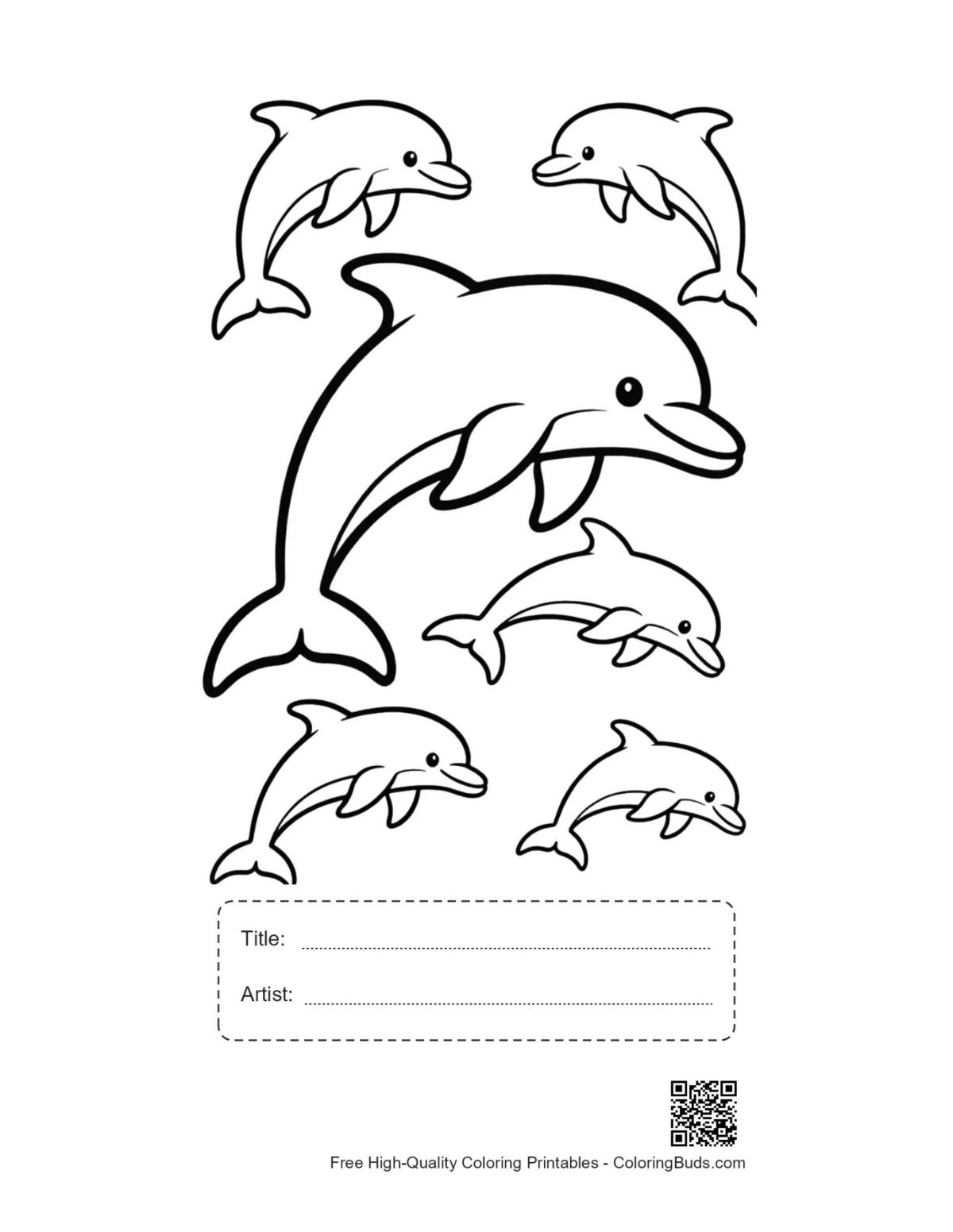Printable jumping dolphin outline with title and artist box