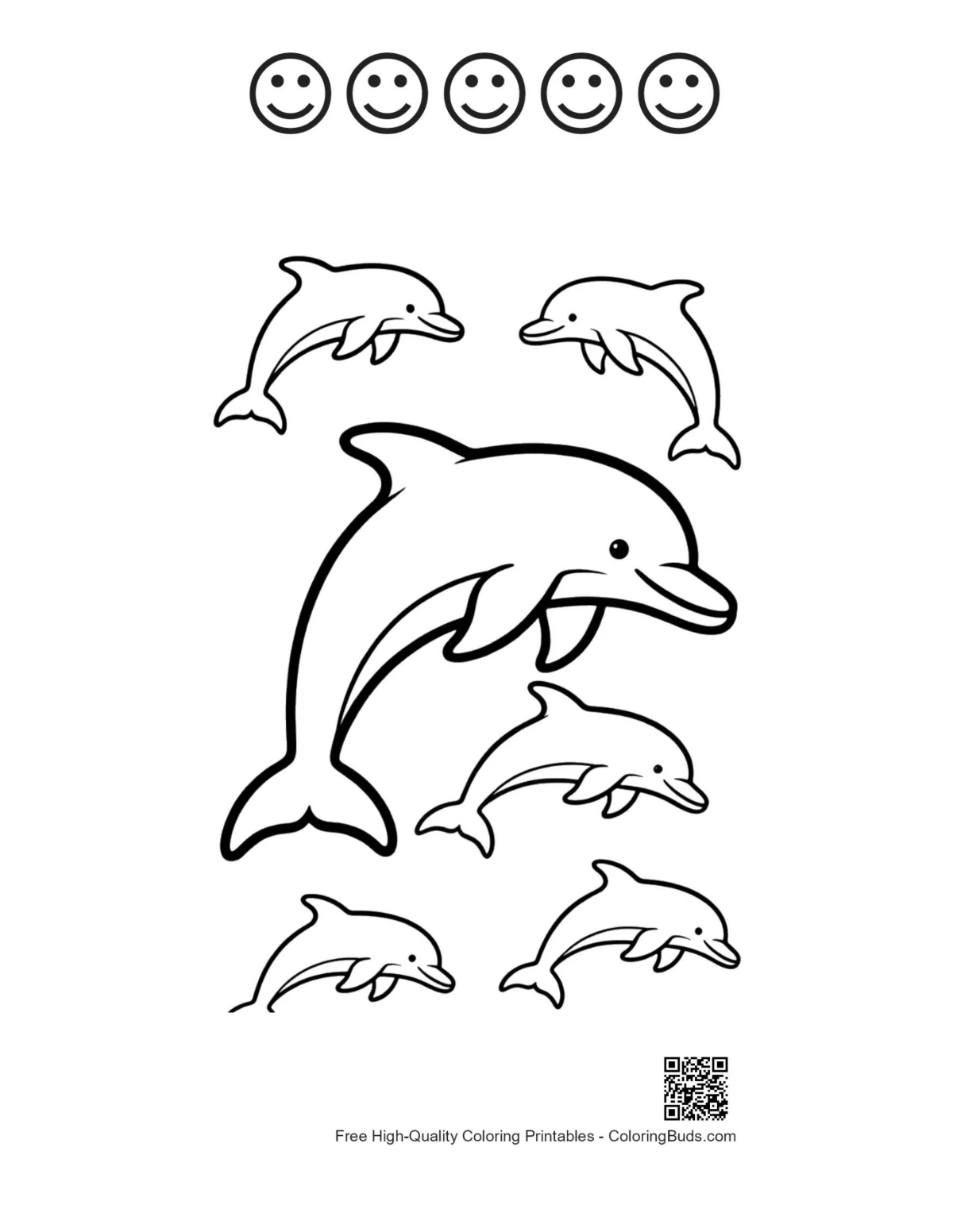 5 happy faces jumping dolphin outline
