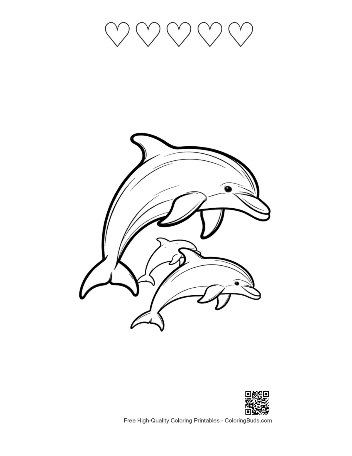 Jumping dolphin printable with 5 heart outlines