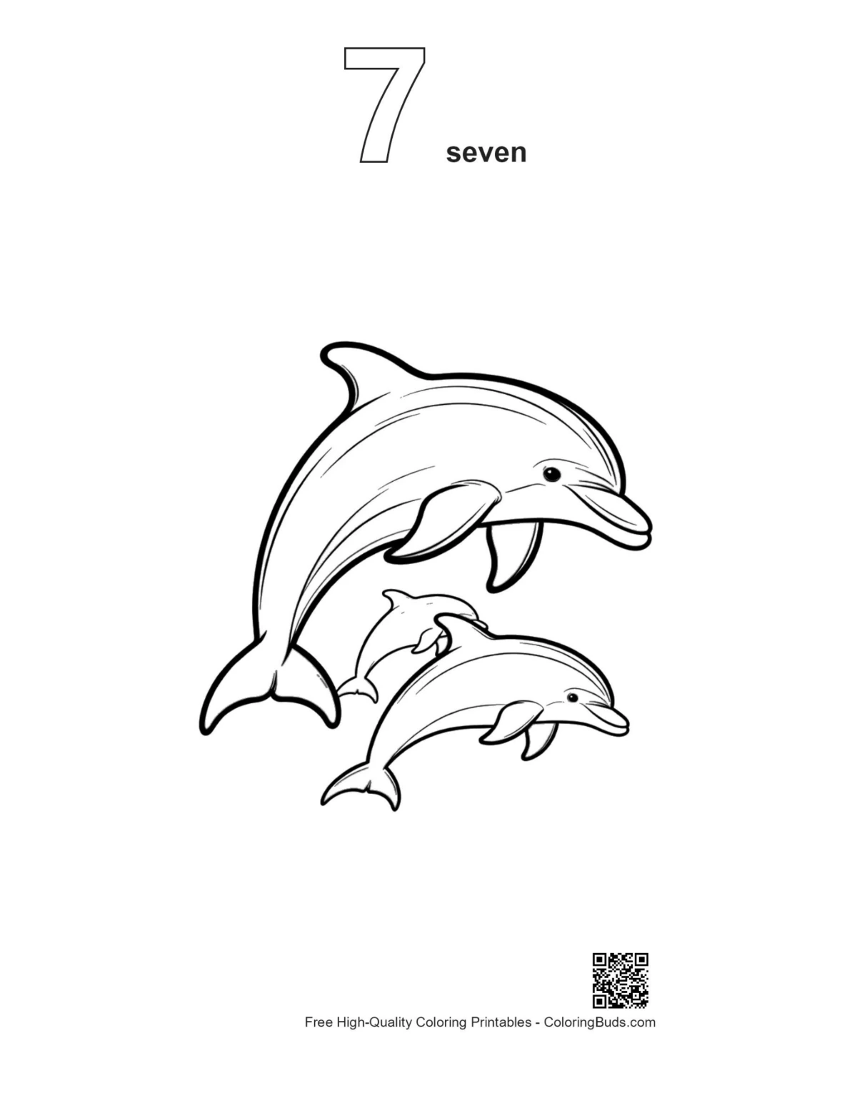 Jumping dolphin family printable with number 7 outline