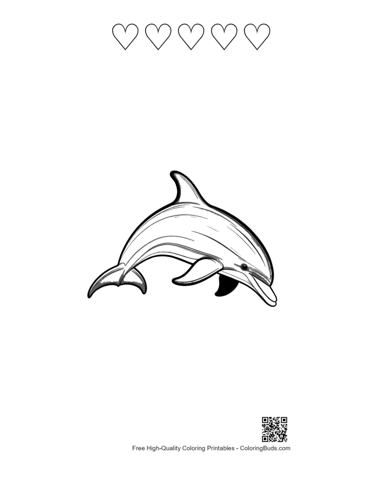 Jumping dolphin printable with 5 heart outlines