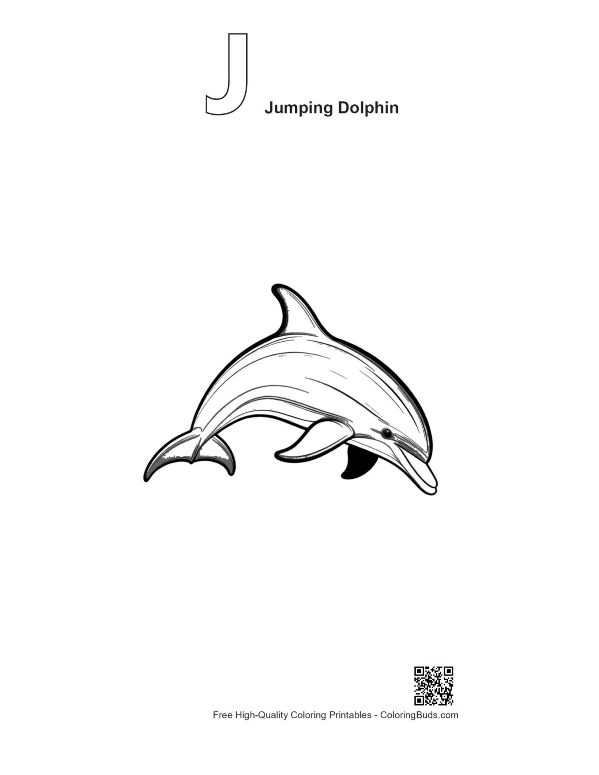 Outline alphabet J jumping dolphin printable illustration
