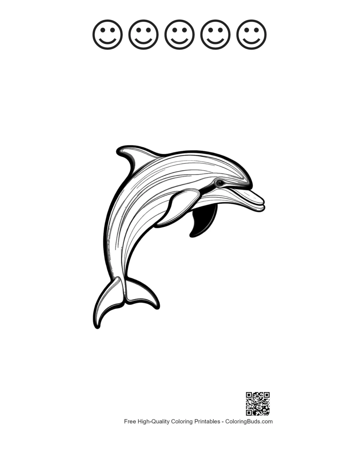 Jumping dolphin and 5 happy faces outline
