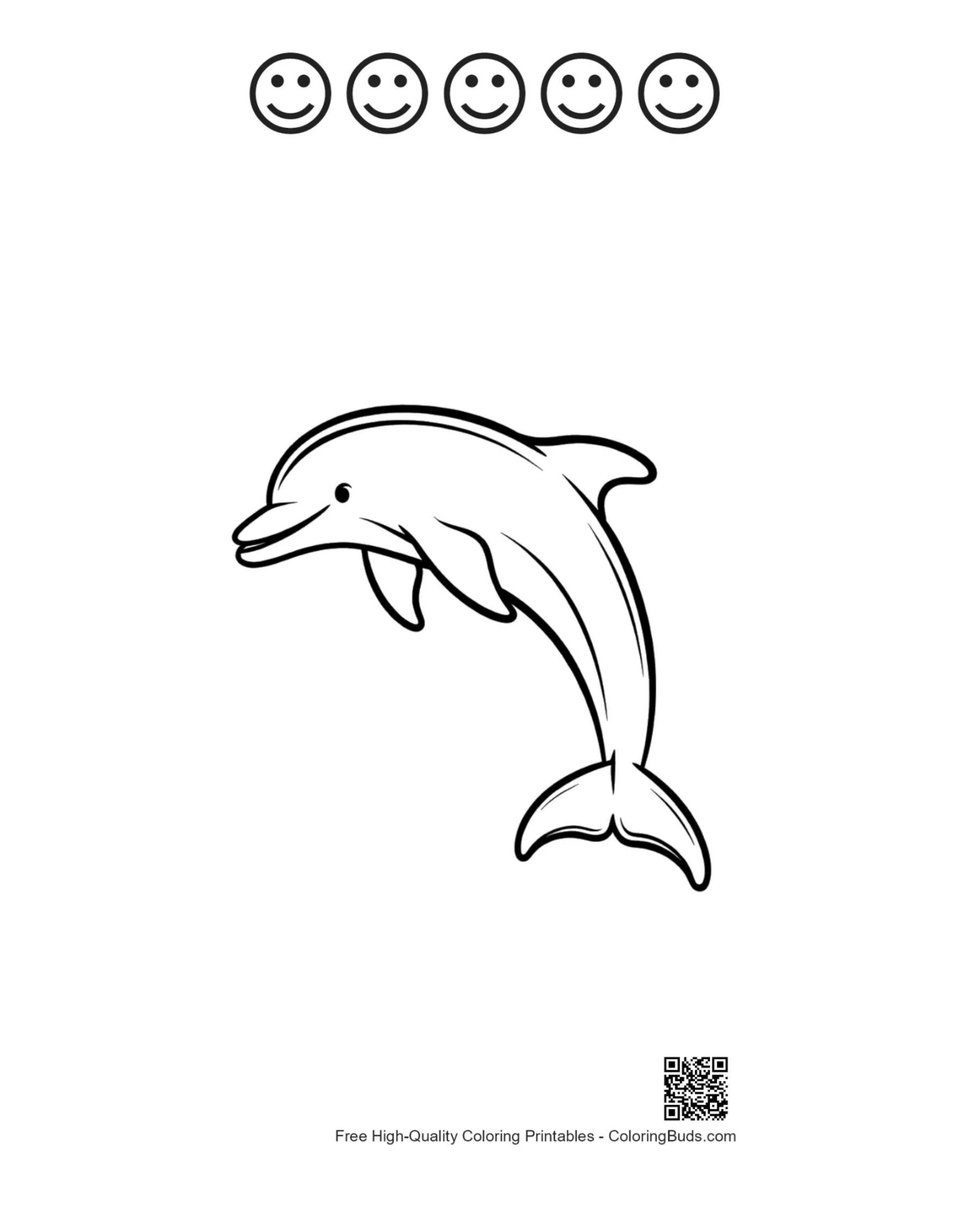 Jumping dolphin with 5 happy faces outline printable
