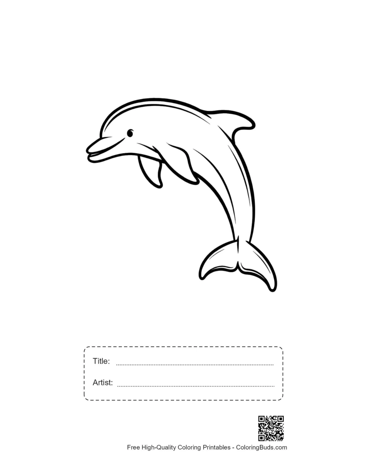 Printable jumping dolphin outline with title artist box