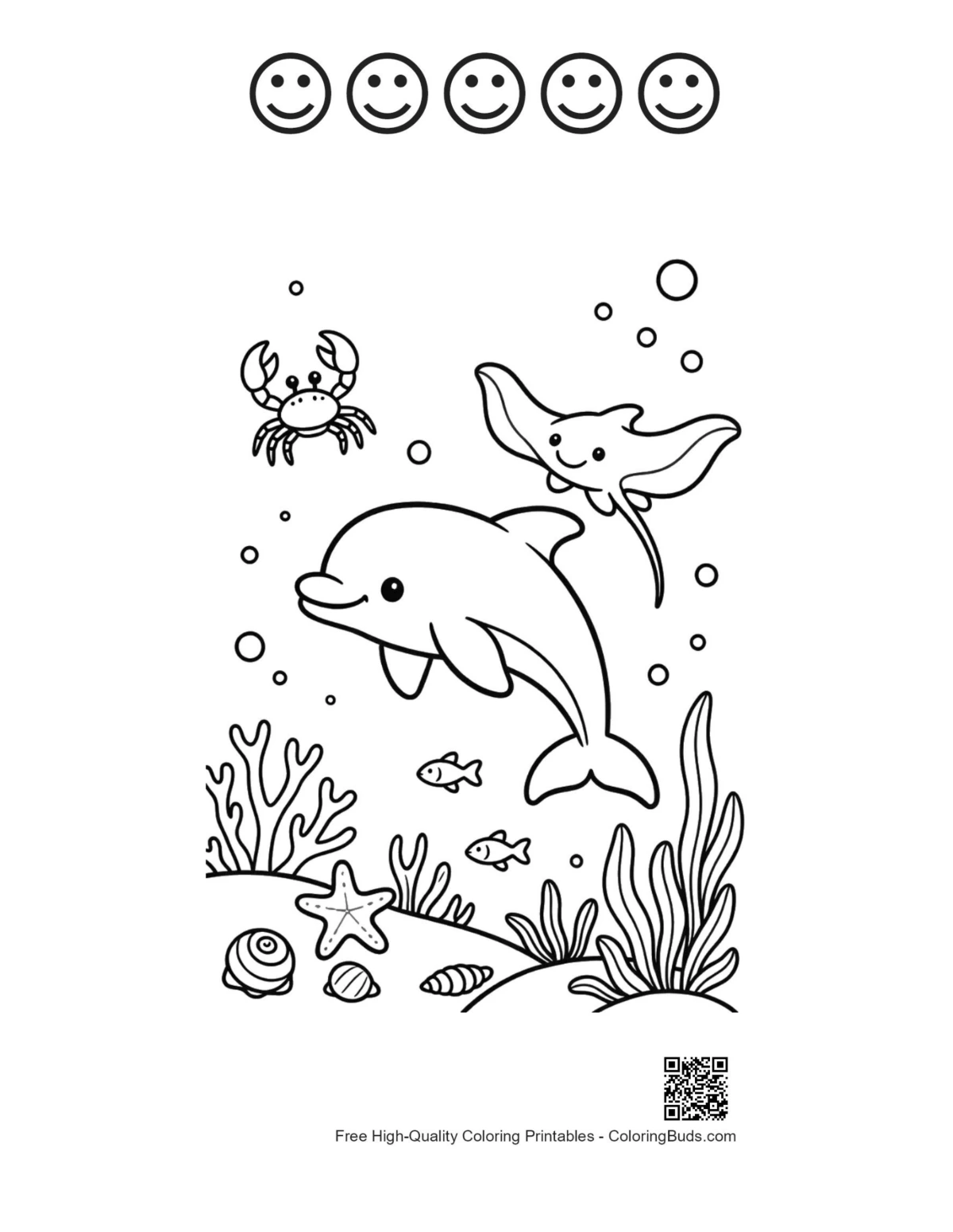 Jumping dolphin and 5 happy face outlines printable