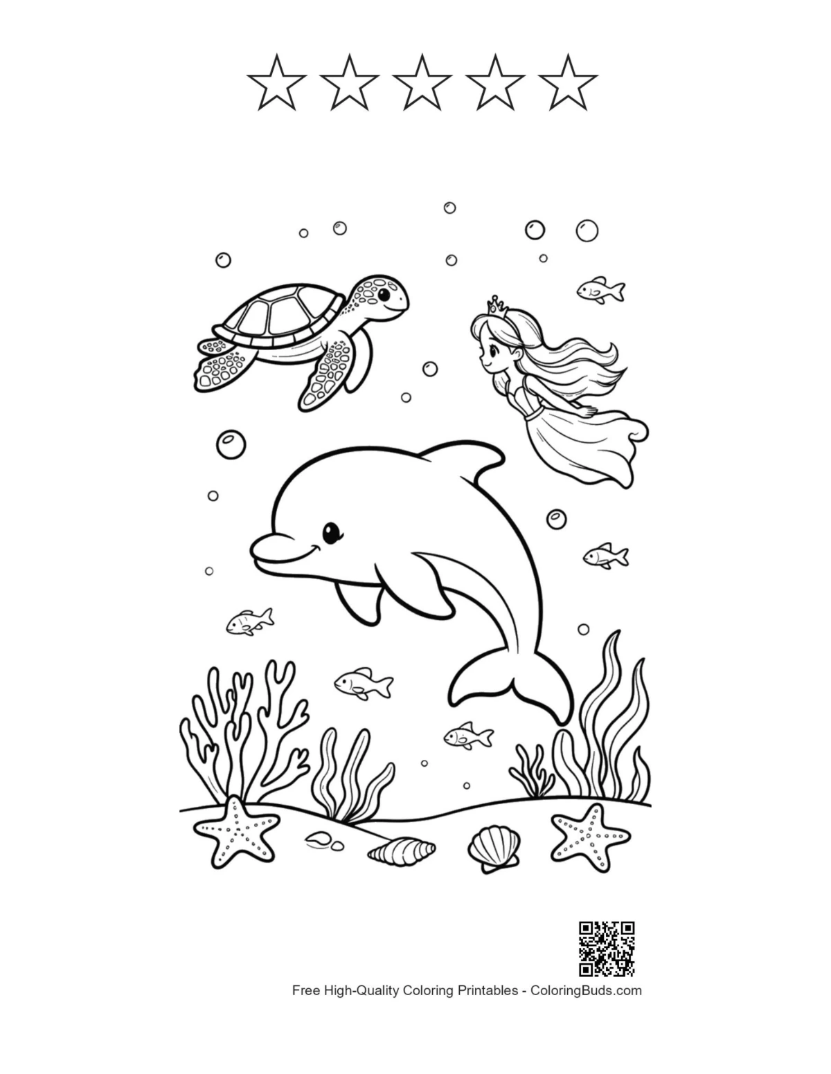 Jumping dolphin with 5 star outlines printable page