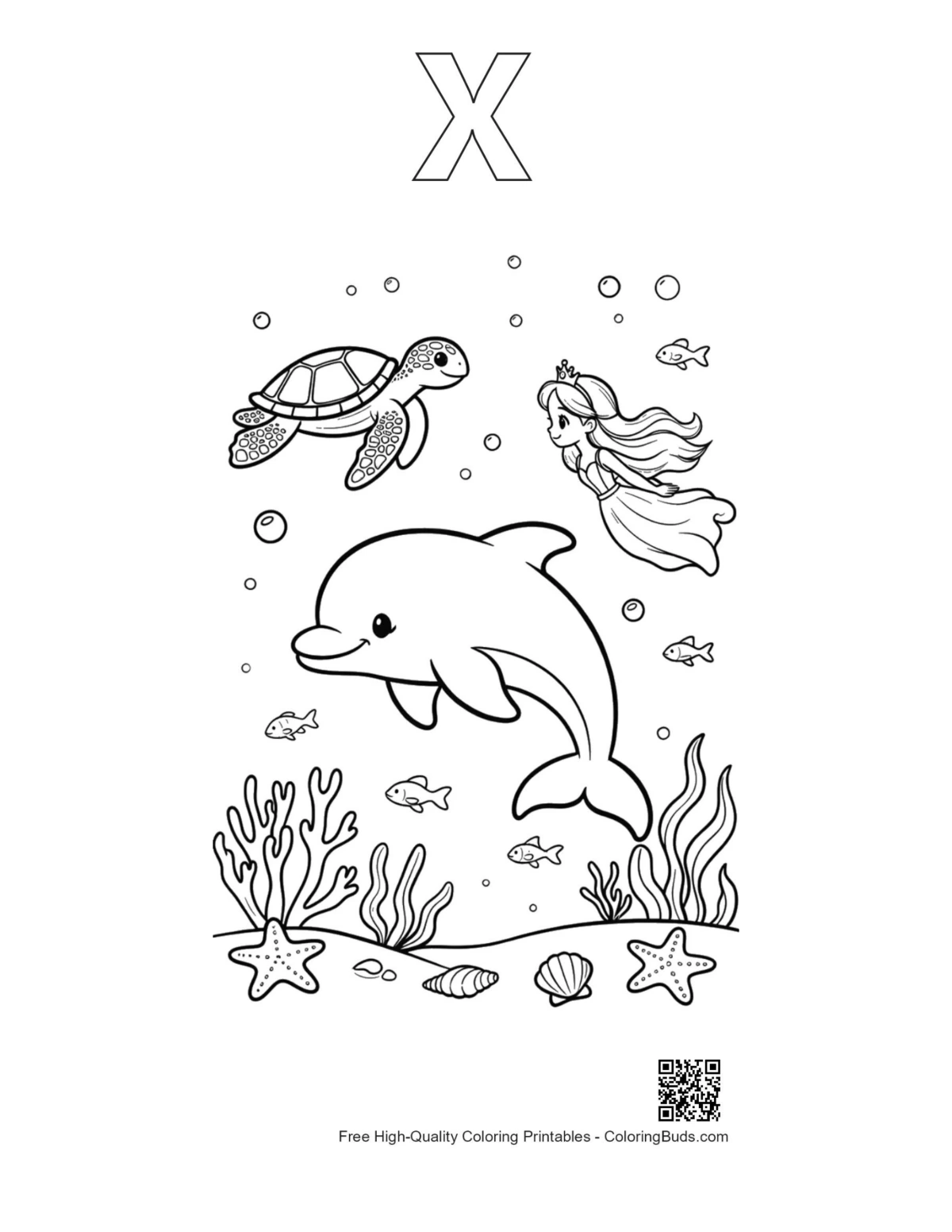 Jumping dolphin outline with alphabet X printable