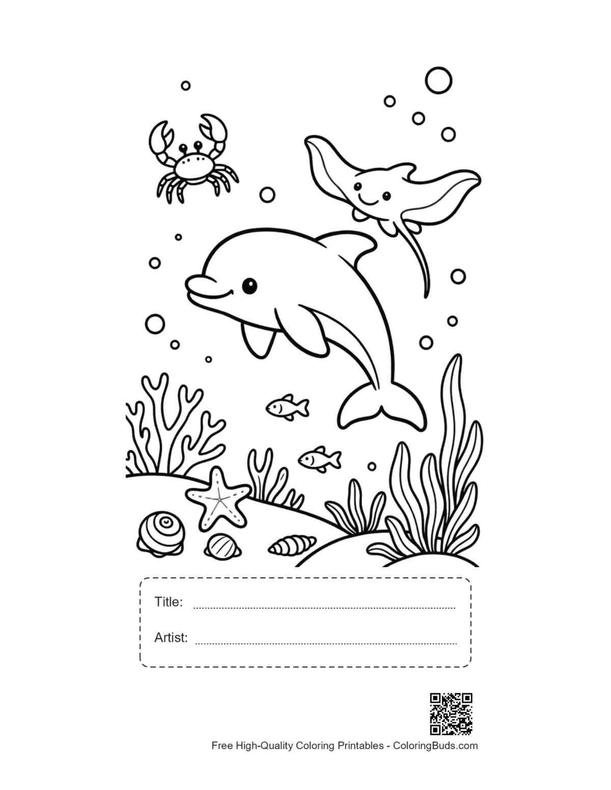 Printable jumping dolphin with title artist box