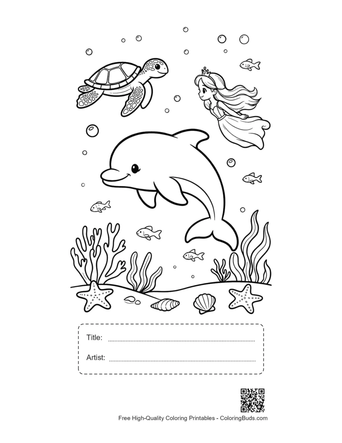 Jumping dolphin printable with title and artist box