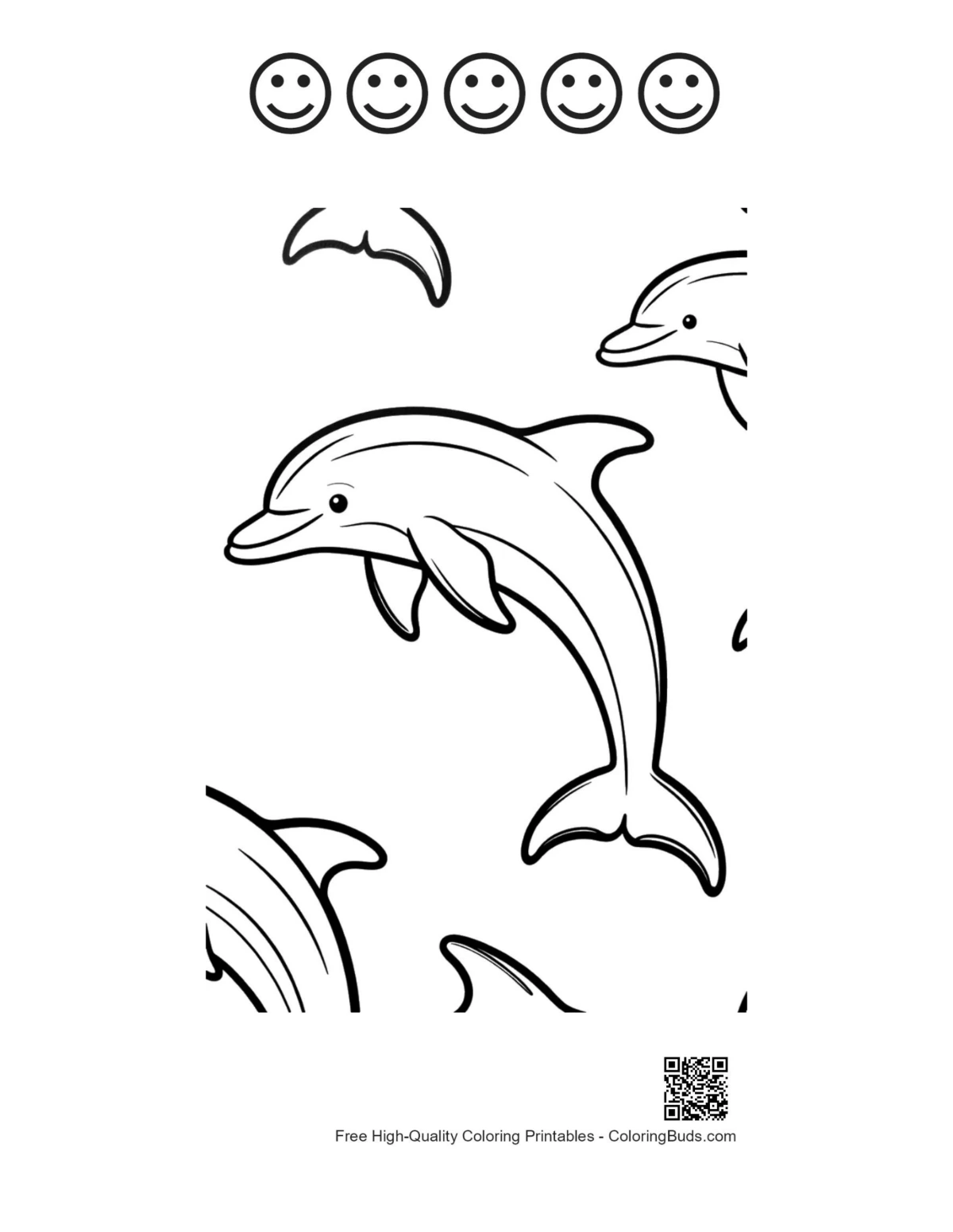 Jumping dolphins with 5 happy faces outline printable