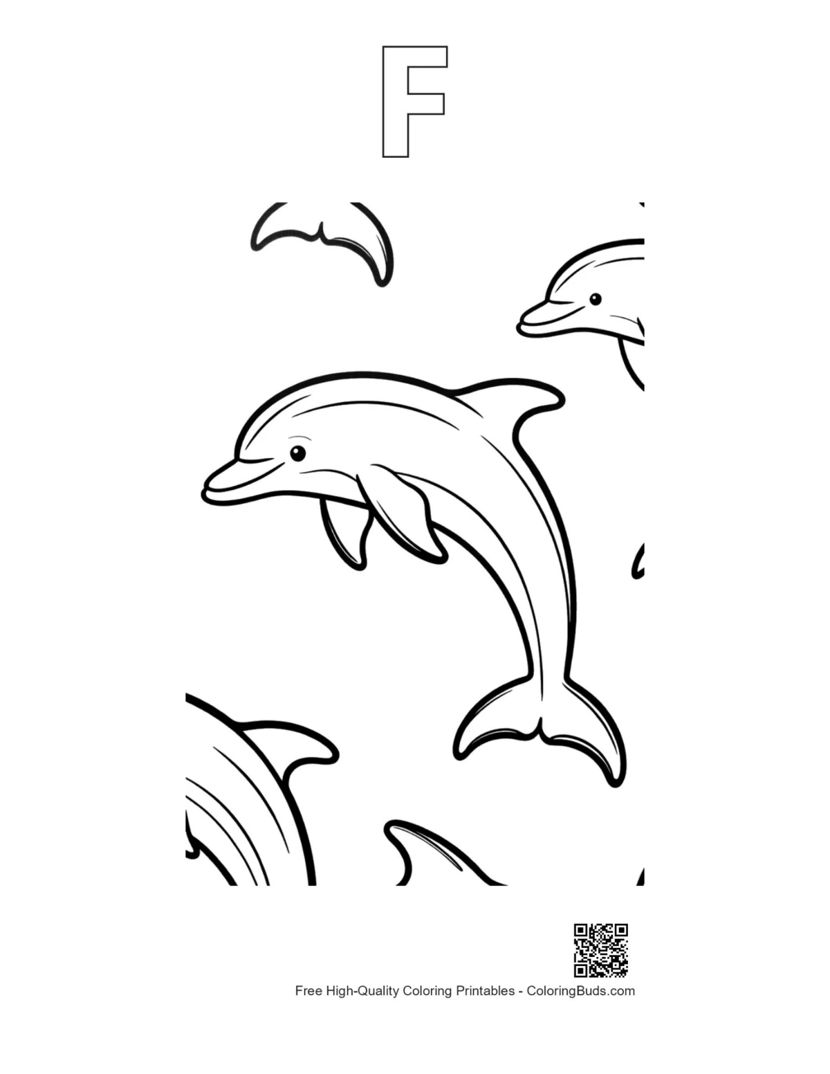Jumping dolphins coloring page with alphabet F outline