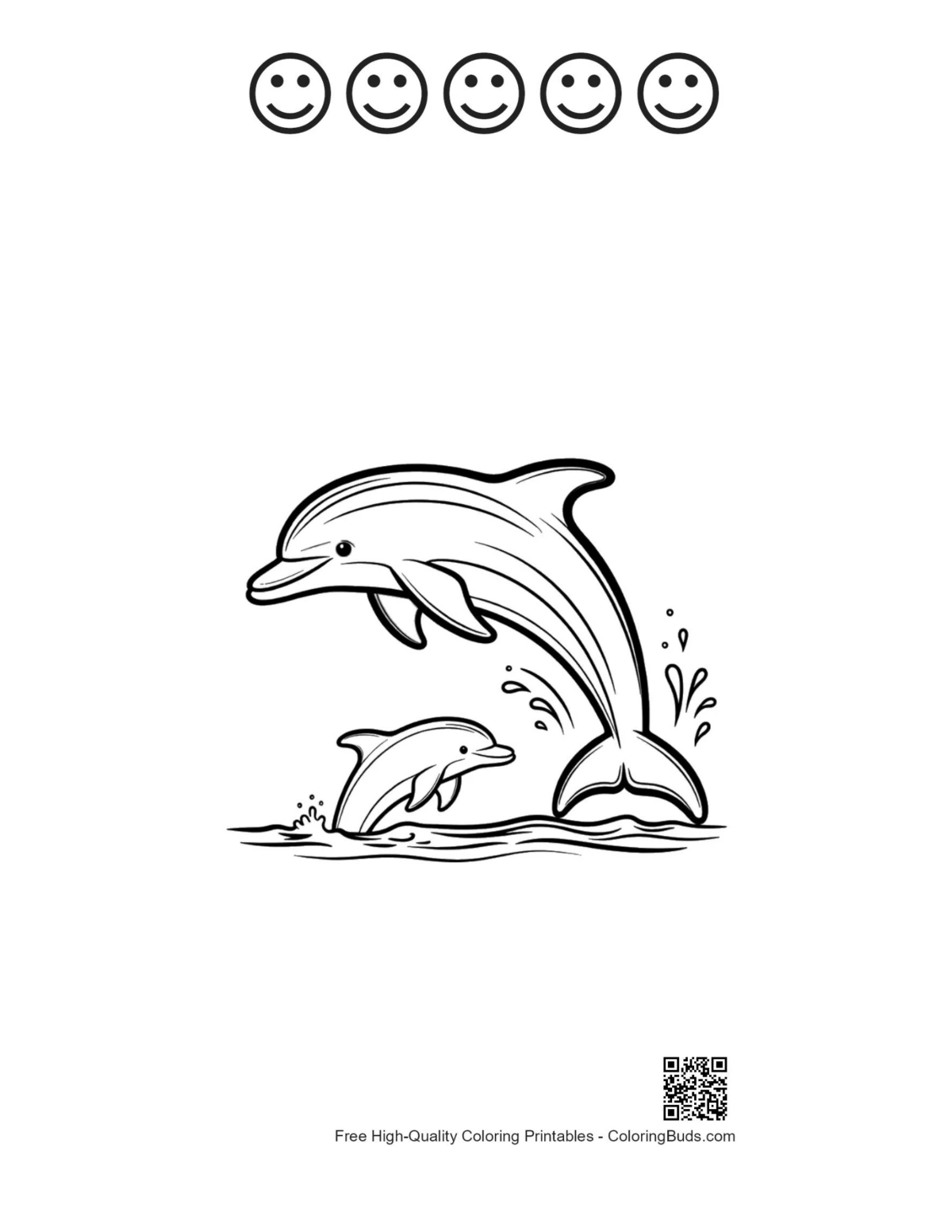 Jumping dolphin with 5 happy faces outline printable