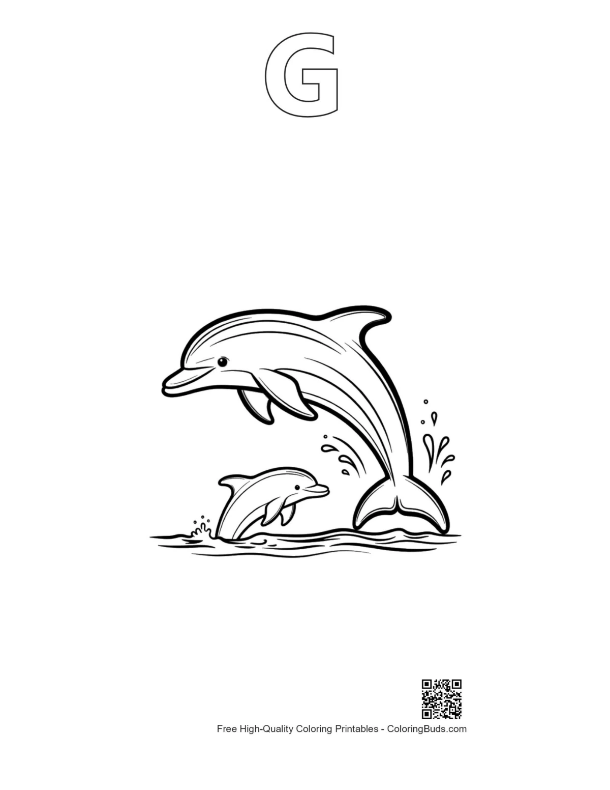 Jumping dolphin outline with alphabet G printable