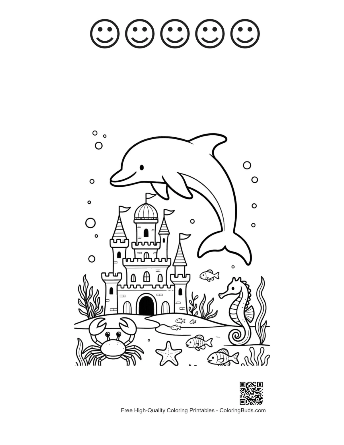 Leaping dolphin printable with 5 happy faces outline