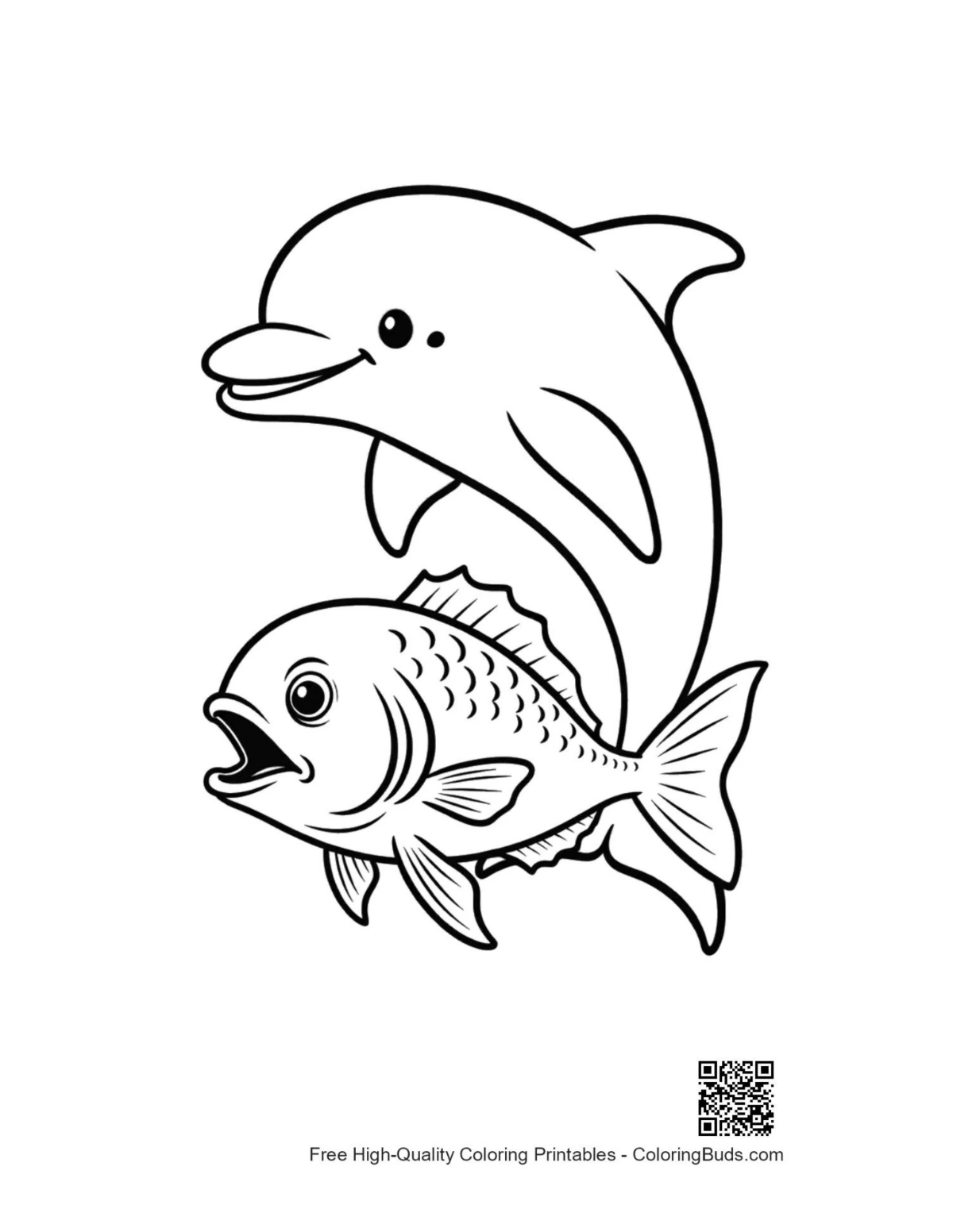 Playful dolphin and fish outline coloring page