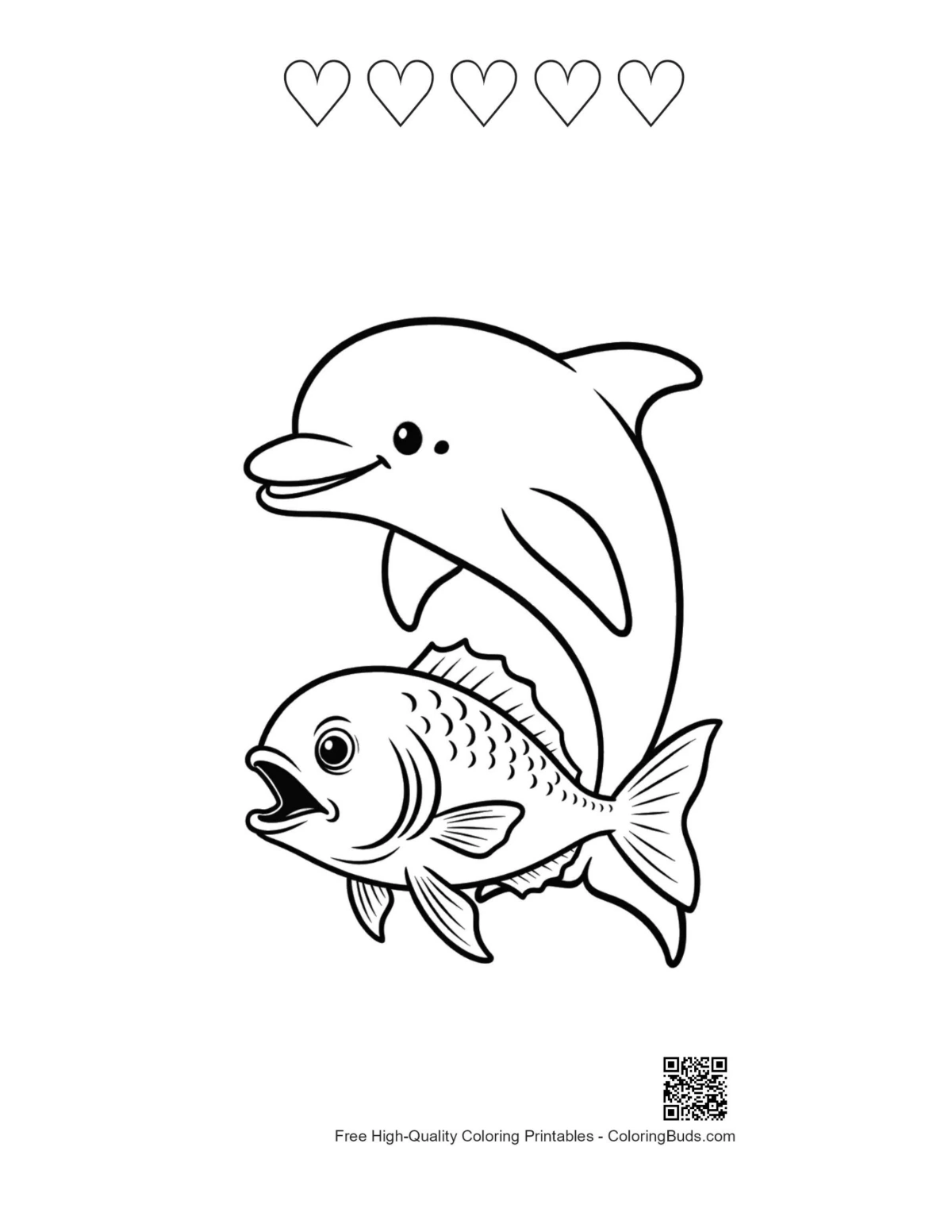 Playful dolphin printable with heart outlines